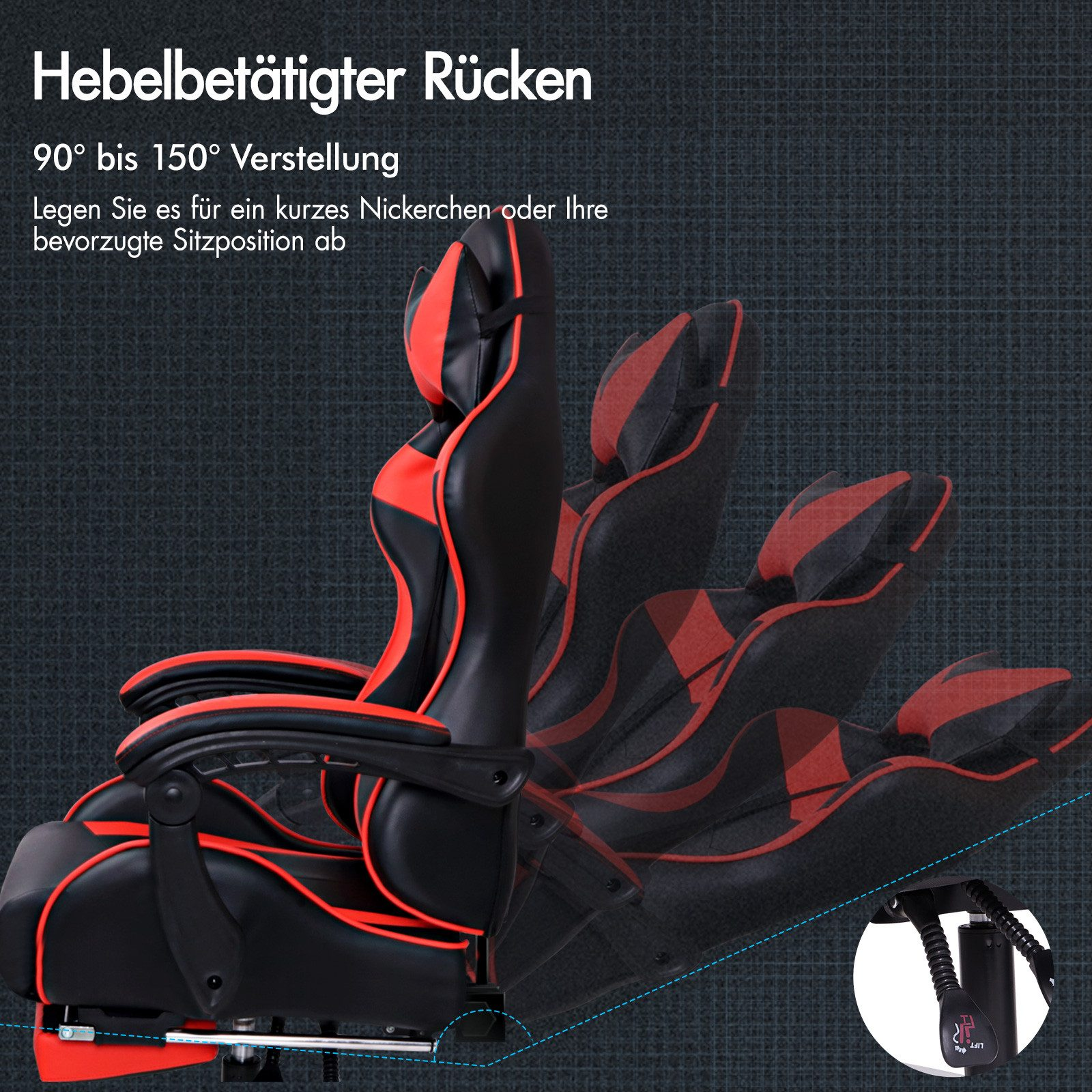 Ein schwarzer und roter Gaming-Stuhl mit verstellbarer Rückenlehne wird gezeigt.