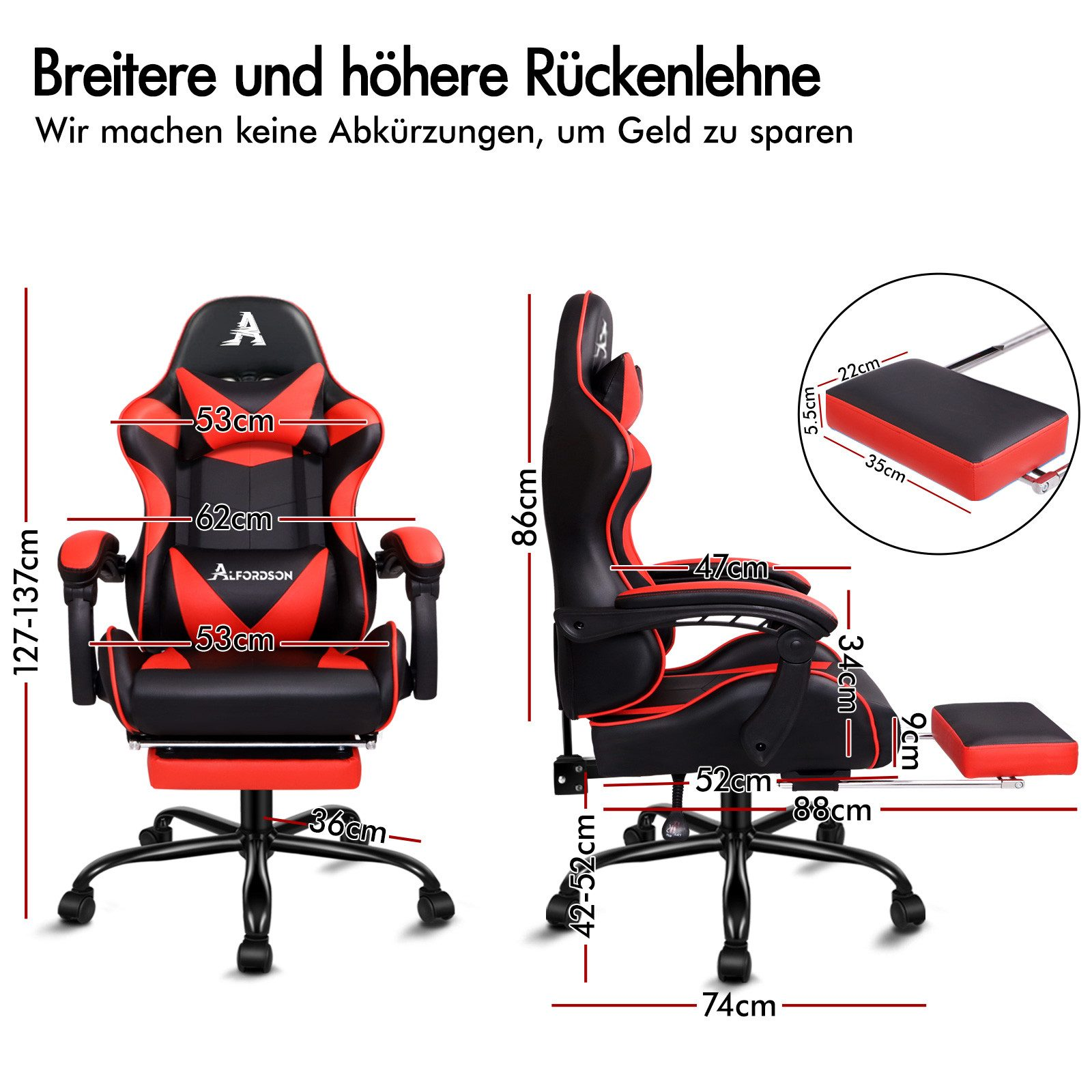 Schwarzer und roter Gaming-Stuhl mit Maßen und ausziehbarer Fußstütze.