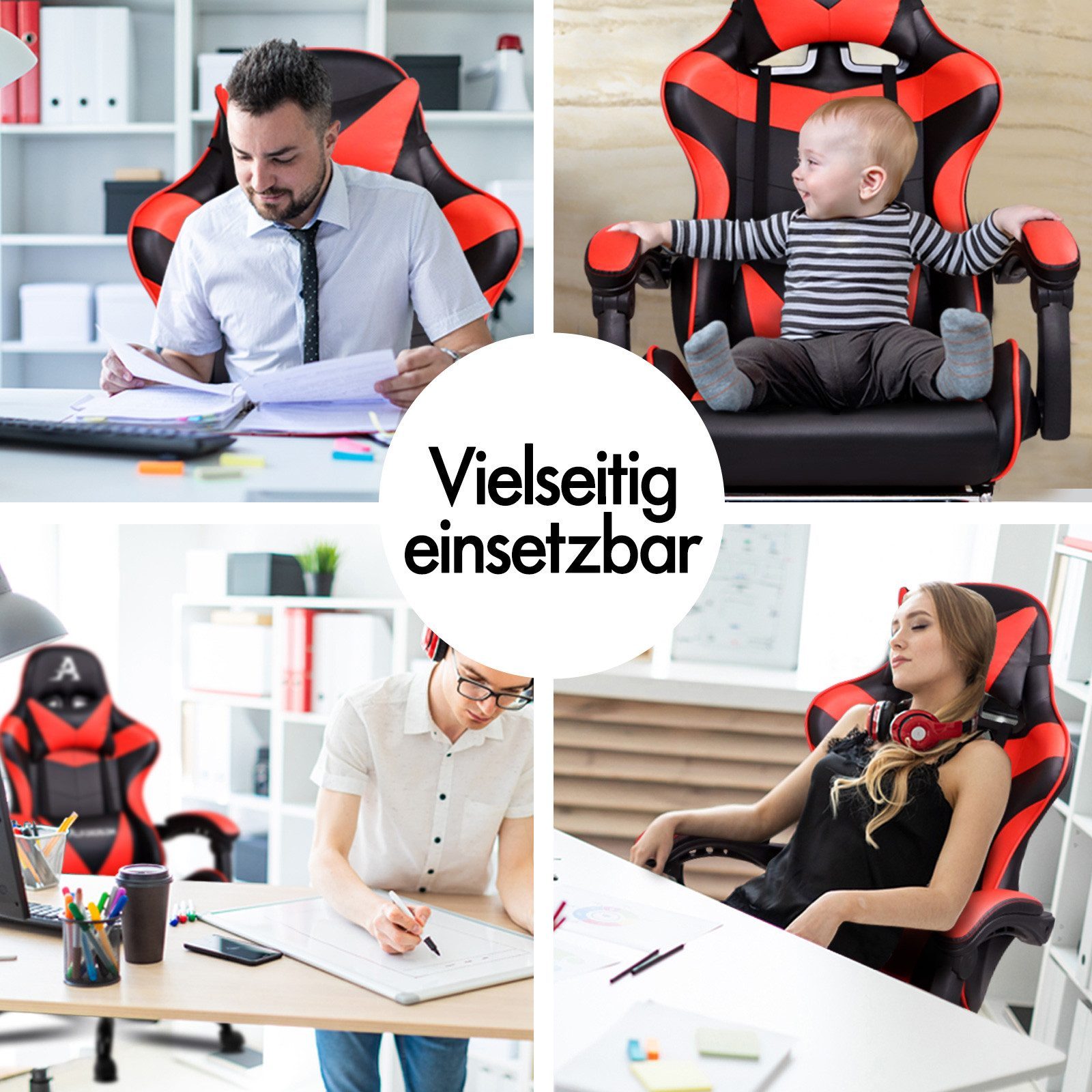 Collage aus vier Personen, die rote und schwarze Gaming-Stühle in verschiedenen Umgebungen nutzen.