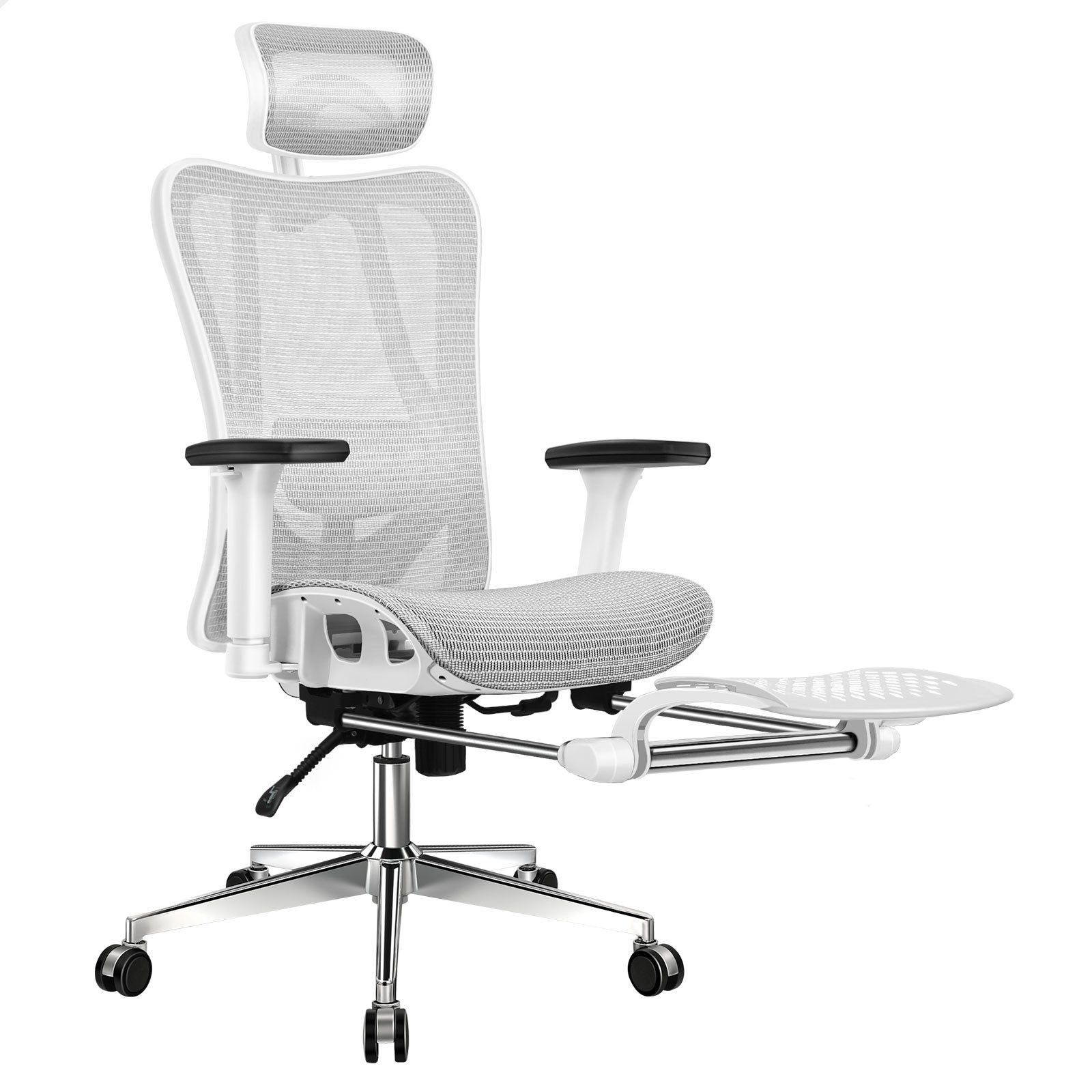 Weißer ergonomischer Bürostuhl aus Netzstoff mit verstellbarer Kopfstütze.