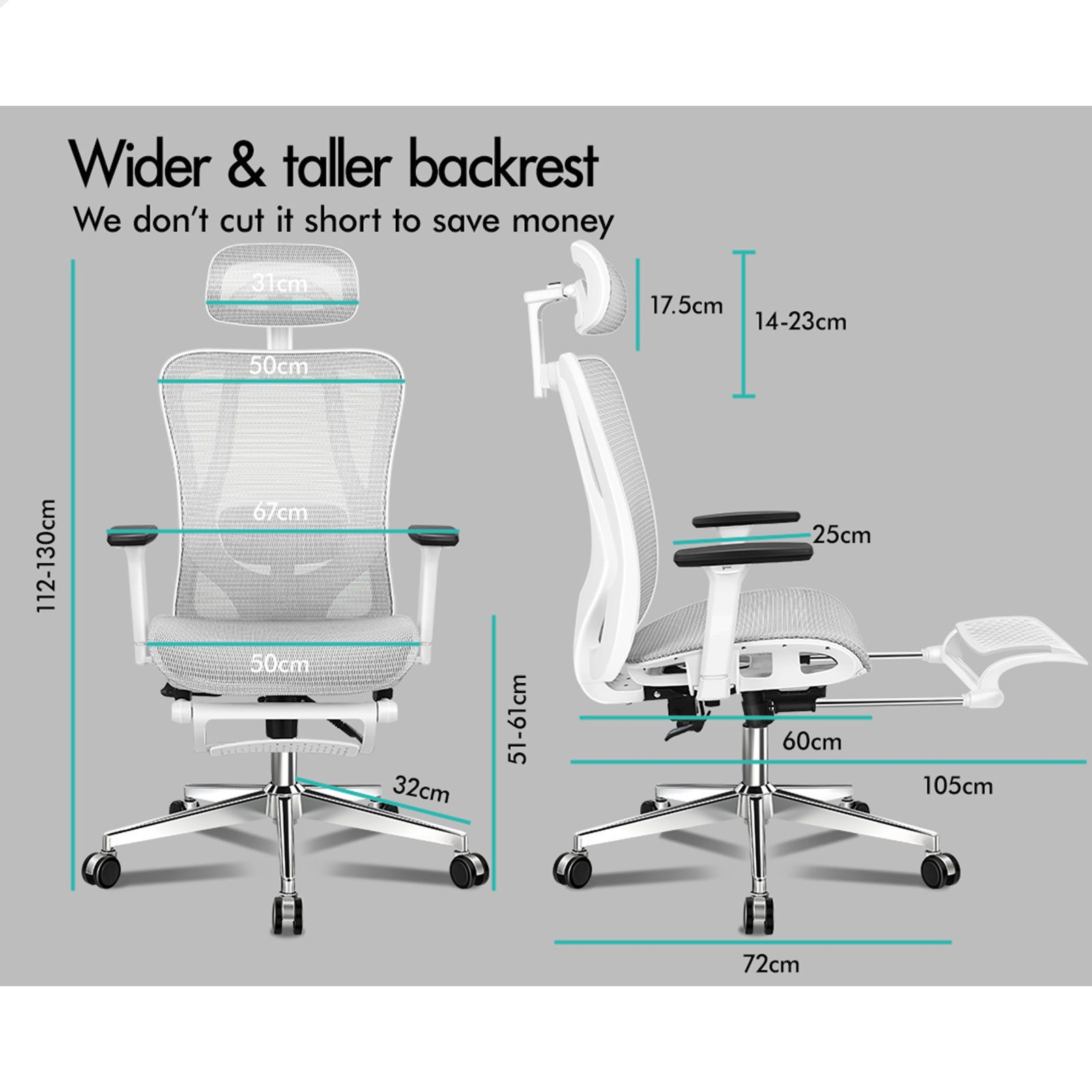 Zwei weiße ergonomische Stühle mit Maßen. Linker Stuhl Vorderansicht, rechter Seitenansicht.