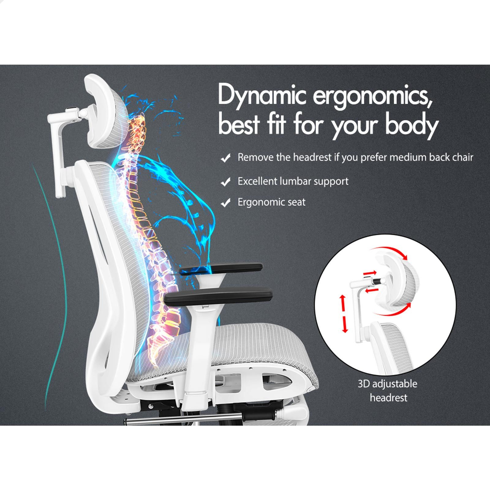 Weißer ergonomischer Stuhl mit 3D-verstellbarer Kopfstütze und Wirbelsäulenunterstützung.