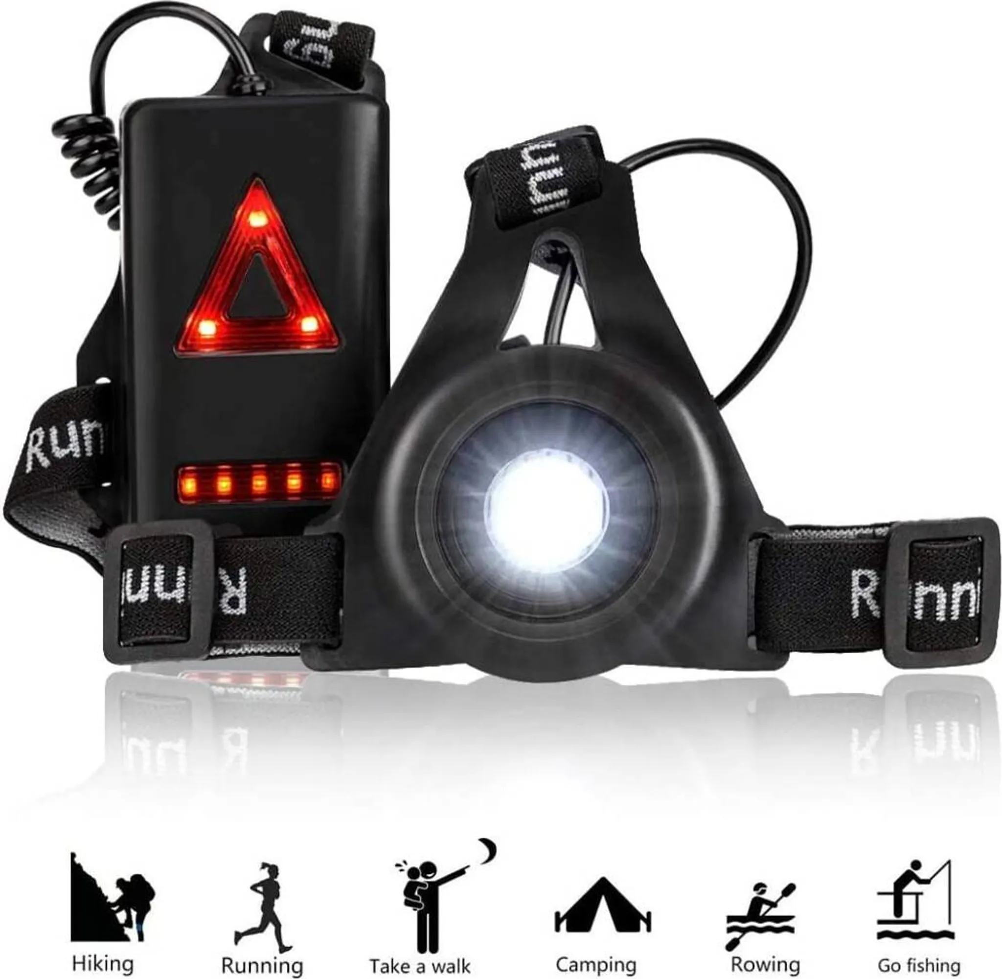 Schwarze Stirnlampe mit hellem LED, rotem Dreieck-Warnlicht und verstellbaren Gurten.