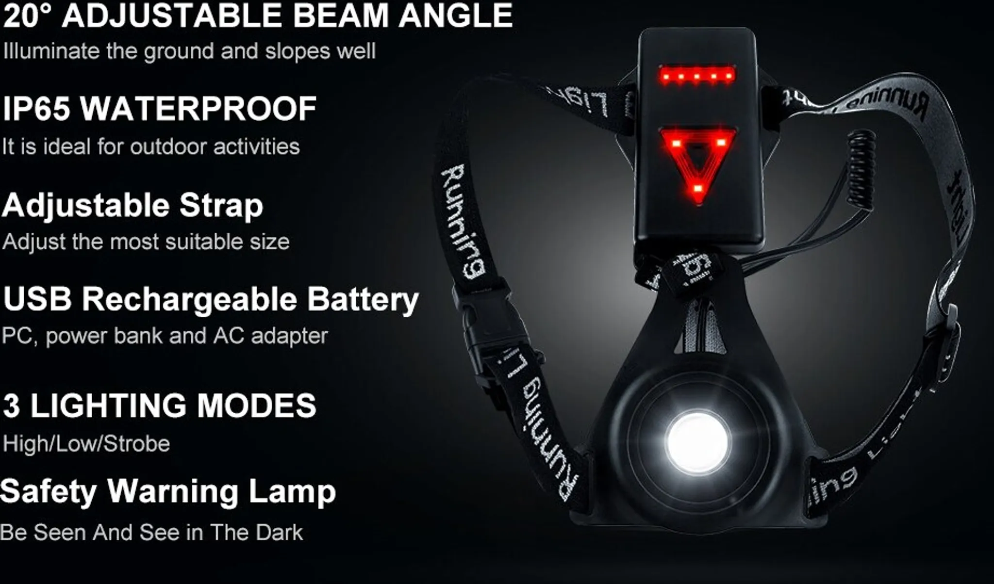 Schwarze Stirnlampe mit verstellbarem Gurt, hellem Frontlicht und roten Warnlichtern.
