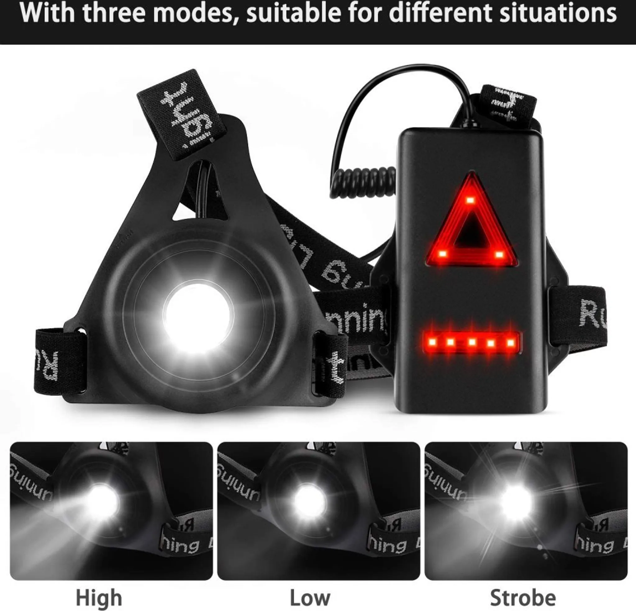 Schwarze Stirnlampe mit heller LED, rotem Dreieck und fünf roten Lichtern.