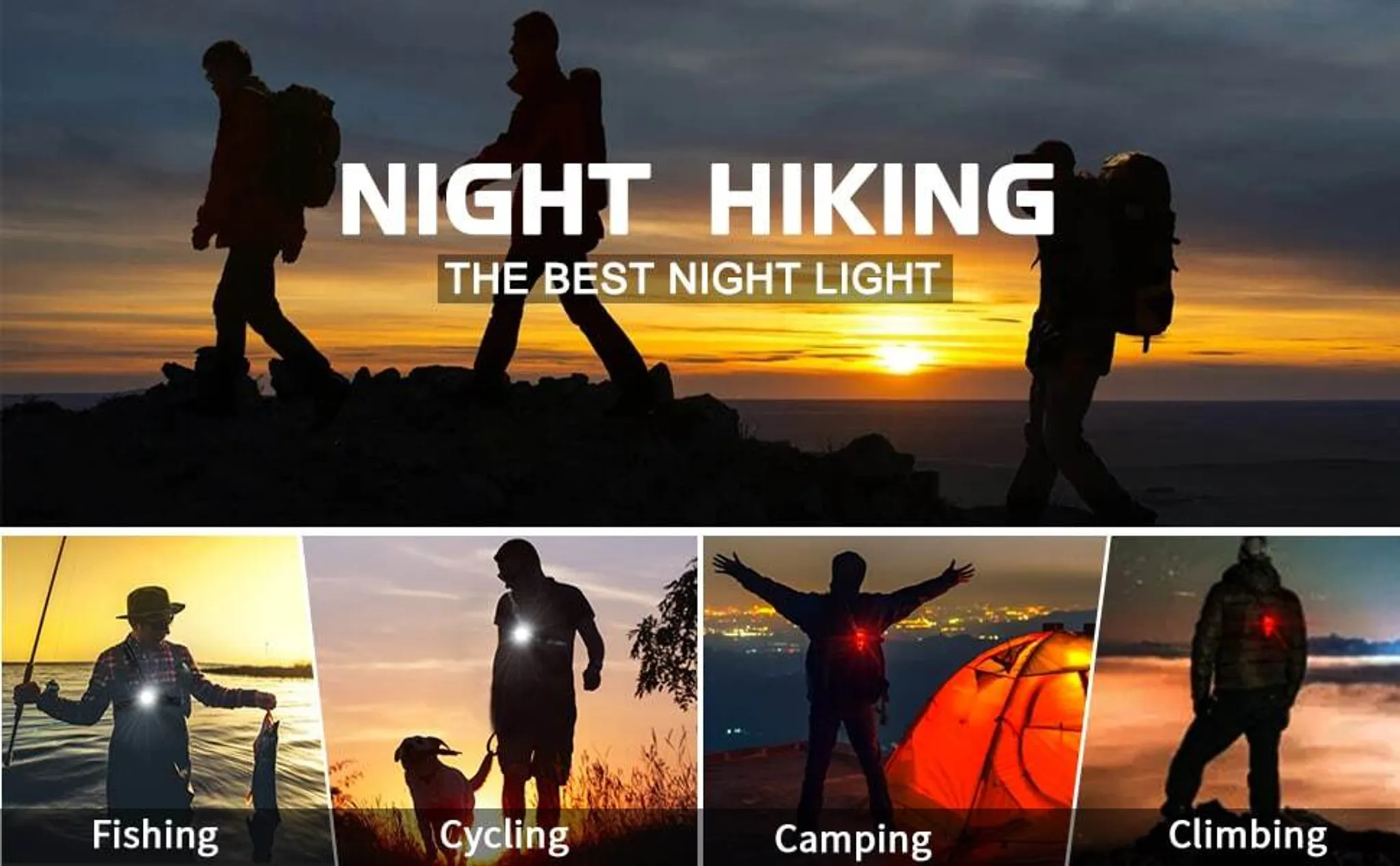 Silhouetten von Wanderern bei Sonnenuntergang, Szenen von Angeln, Radfahren, Camping, Klettern.