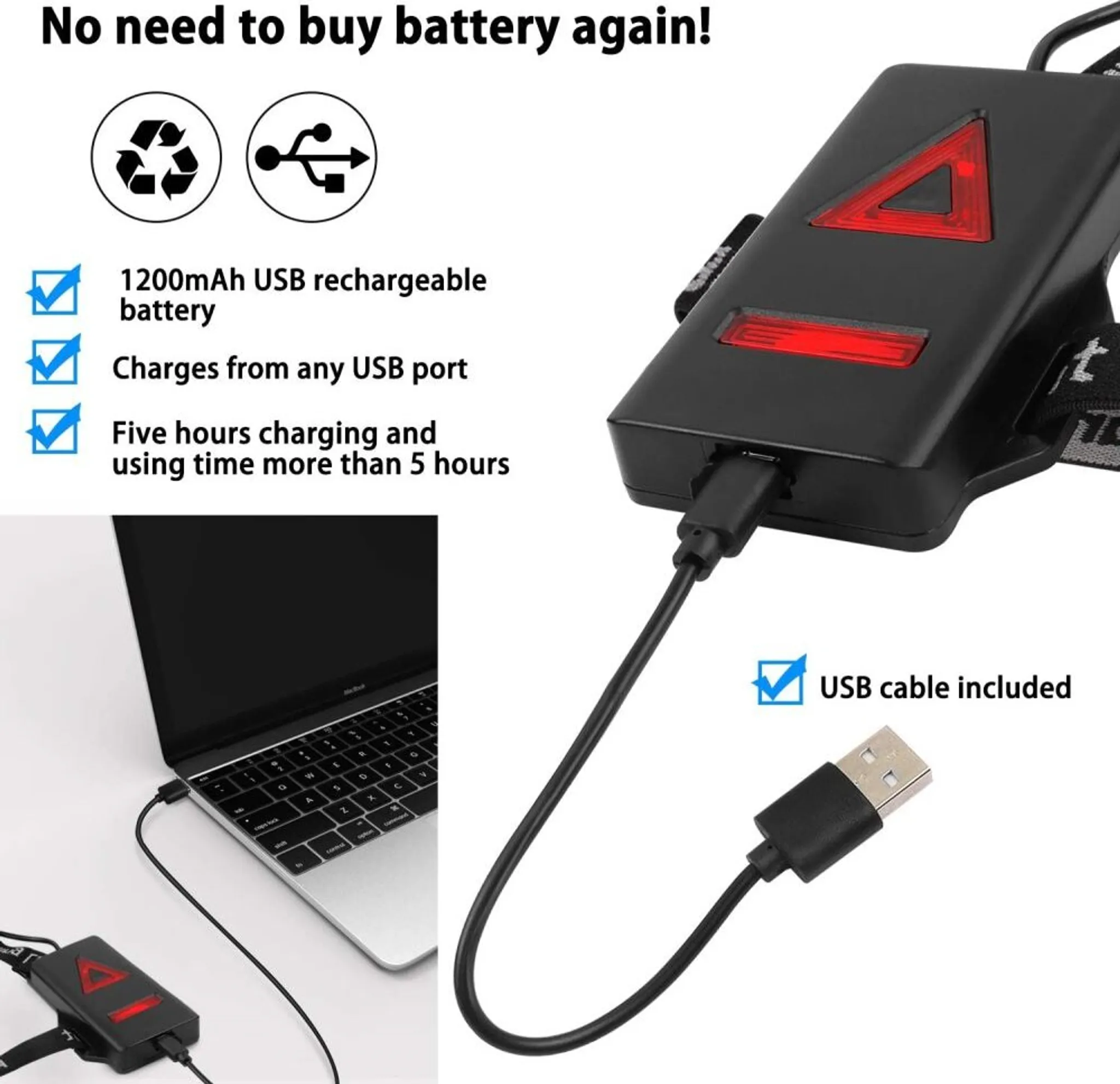 Schwarzes wiederaufladbares Gerät mit rotem Dreieckslicht, lädt über USB-Kabel am Laptop.
