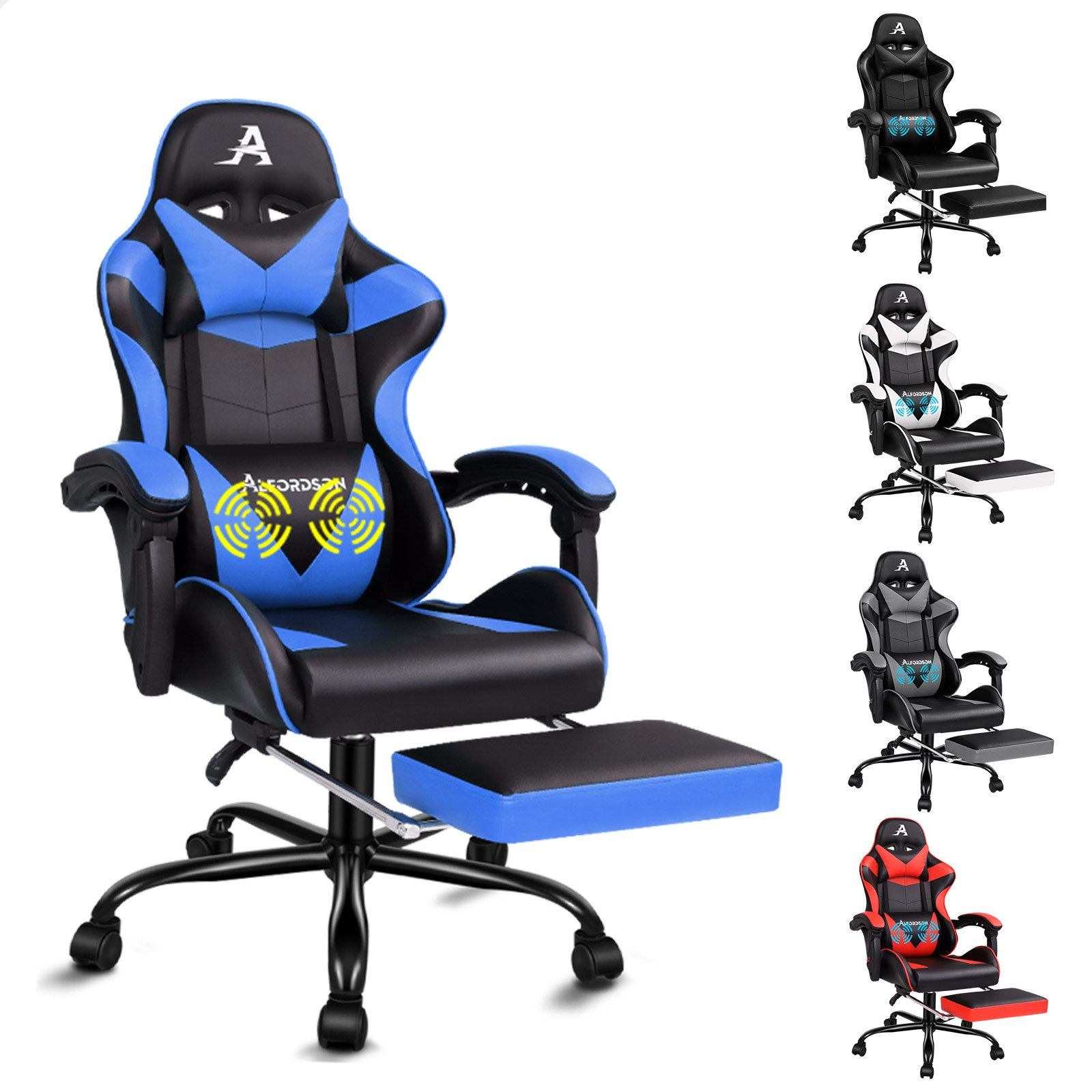 Ein blauer und schwarzer Gaming-Stuhl mit Fußstütze. Vier weitere Stühle in verschiedenen Farben.