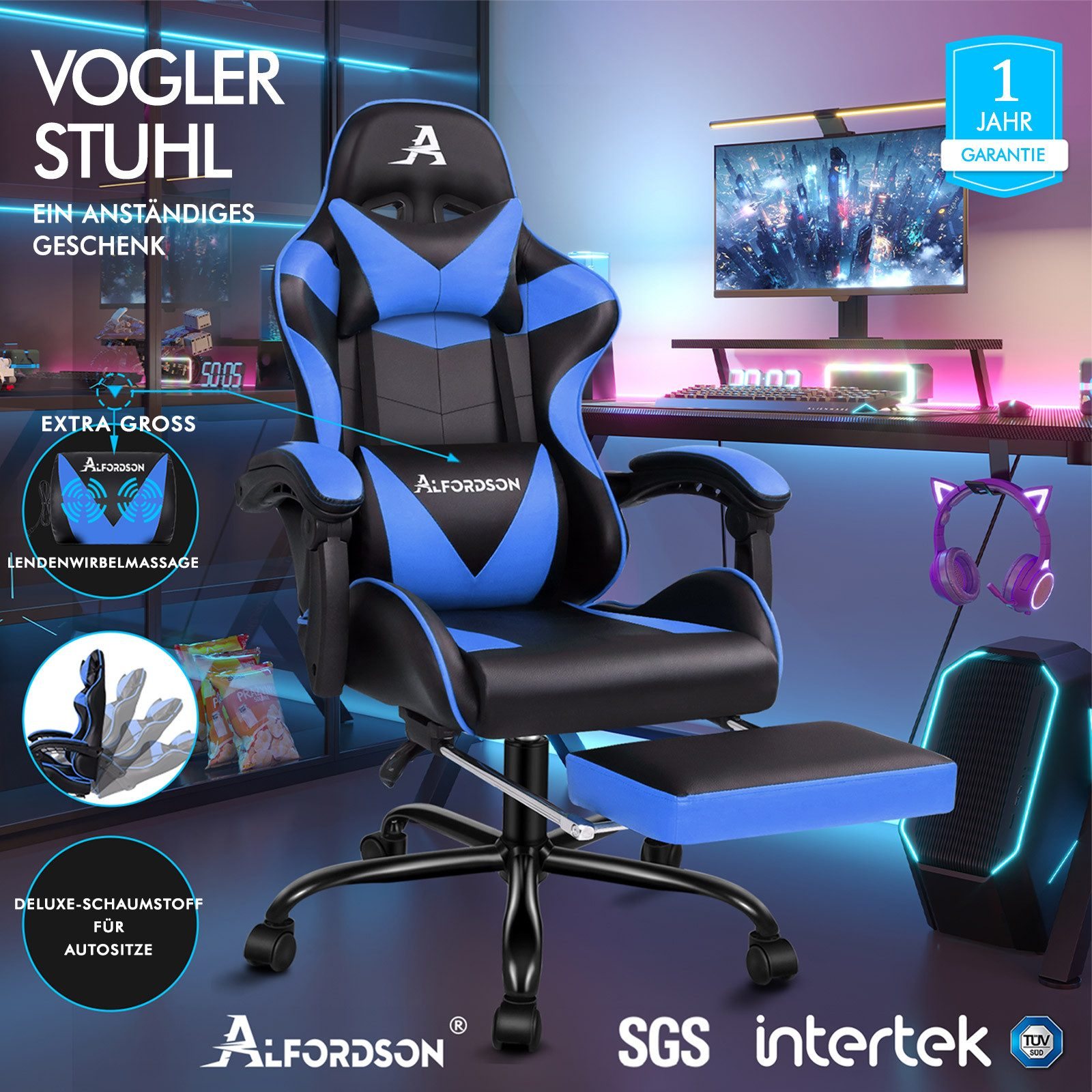 Ein blauer und schwarzer Gaming-Stuhl mit Fußstütze und Nackenrolle. Links sind Details zu Massage und Schaumstoff.