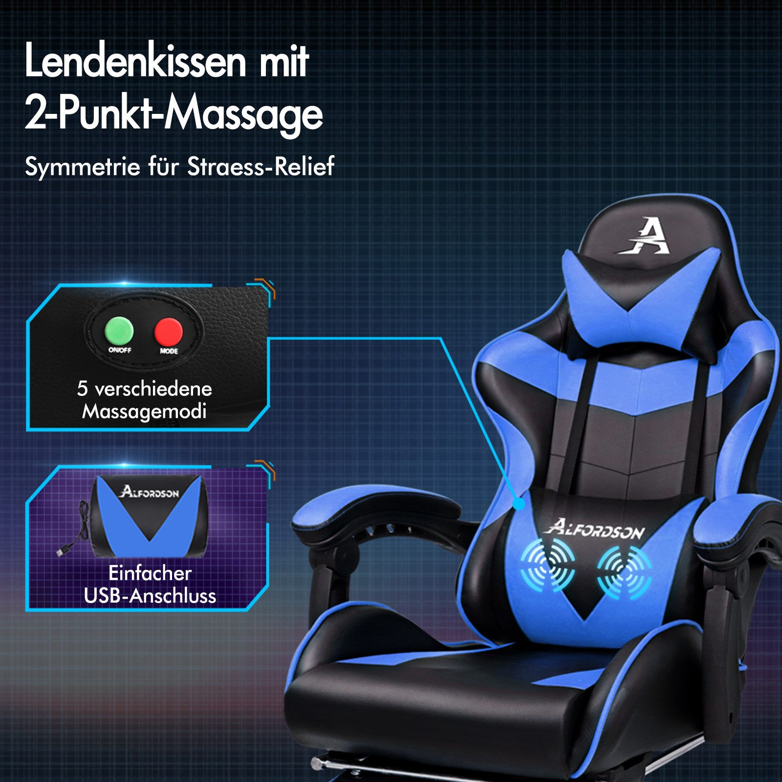 Blauer und schwarzer Gaming-Stuhl mit Lendenmassagekissen, USB-Anschluss und Massagemodi.