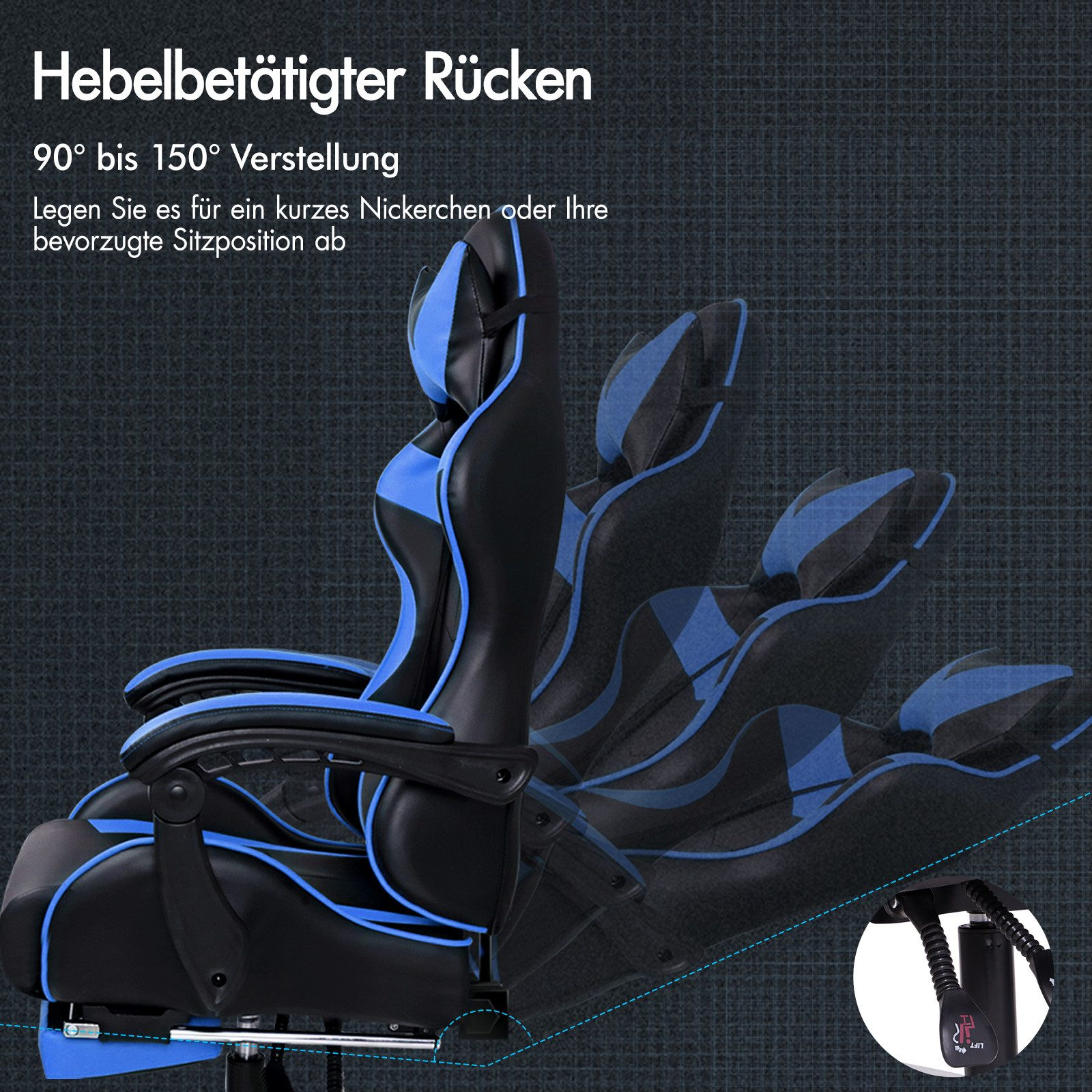 Schwarzer und blauer Gaming-Stuhl mit verstellbarer Rückenlehne von 90 bis 150 Grad.