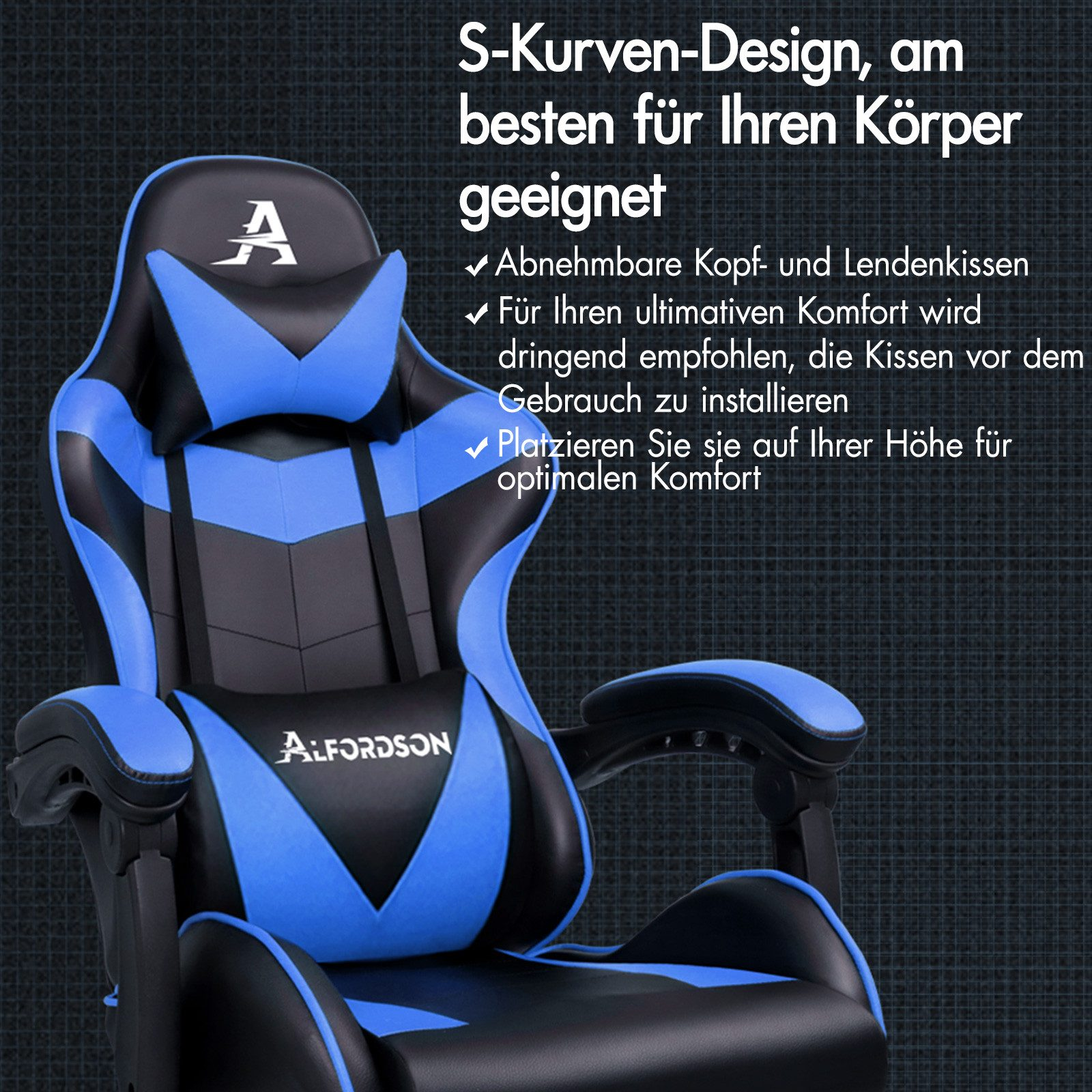 Ein blauer und schwarzer Gaming-Stuhl mit verstellbaren Kissen und dem Logo 'A'.