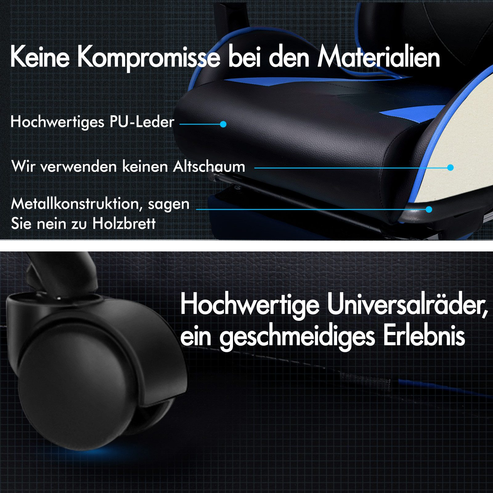 Details des schwarz-blauen Gaming-Stuhls: PU-Leder, kein alter Schaumstoff, Metallrahmen.