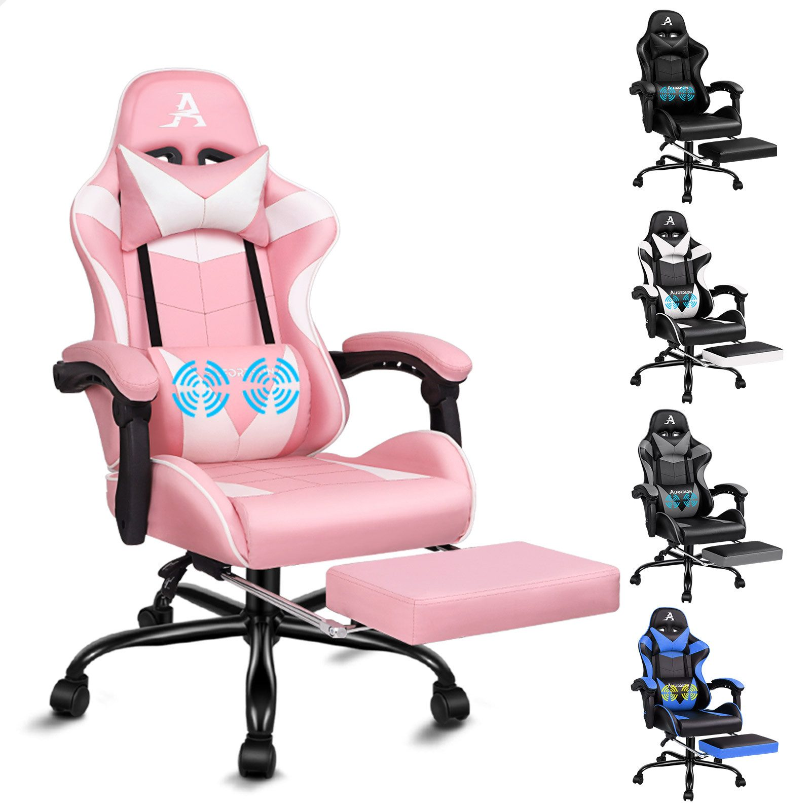 Pinker Gaming-Stuhl mit Kopfstütze, Lendenwirbelstütze und Fußstütze. Andere Stühle gezeigt.