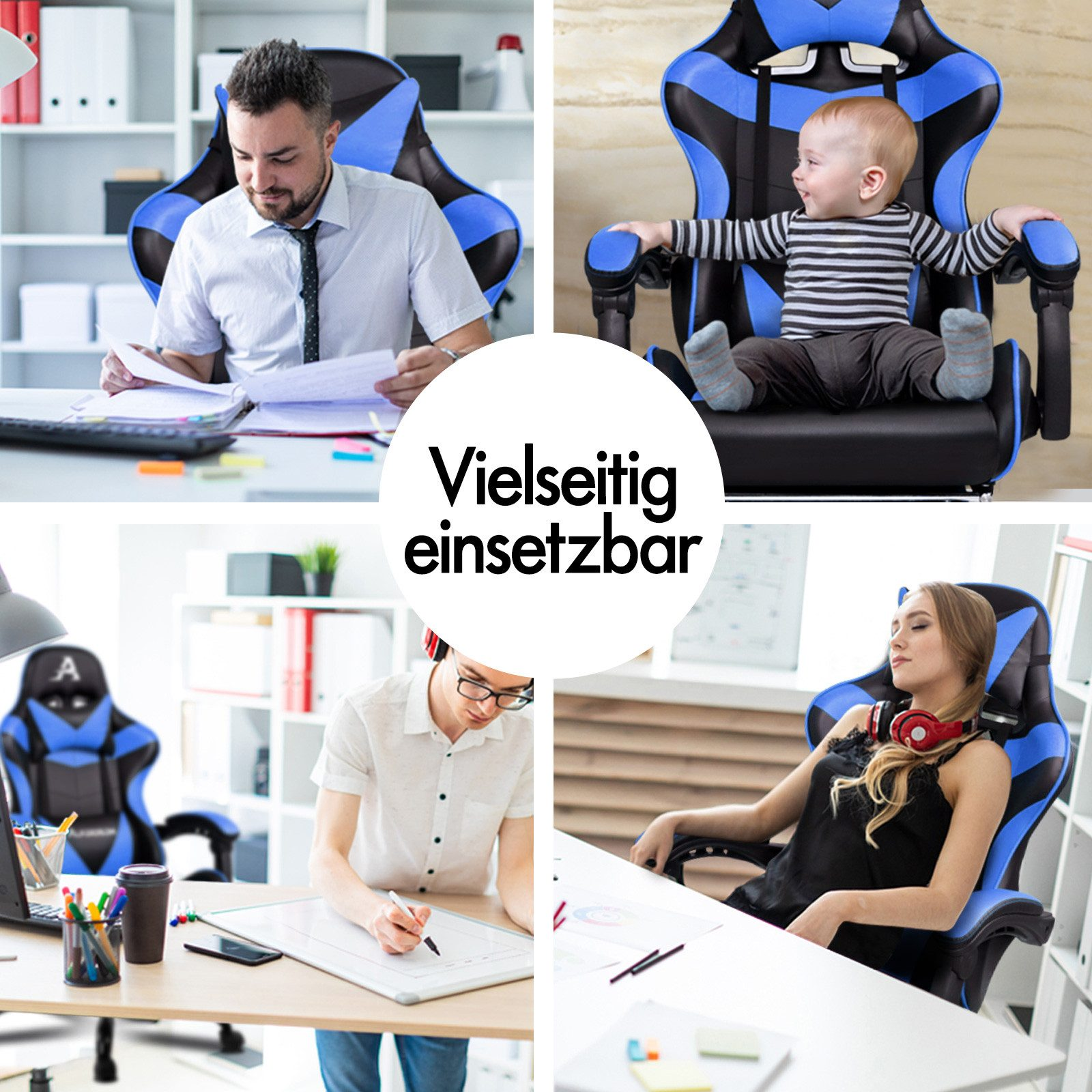 Vier Szenen zeigen blaue und schwarze Stühle: Mann arbeitet, Baby sitzt, Junge schreibt, Frau entspannt.