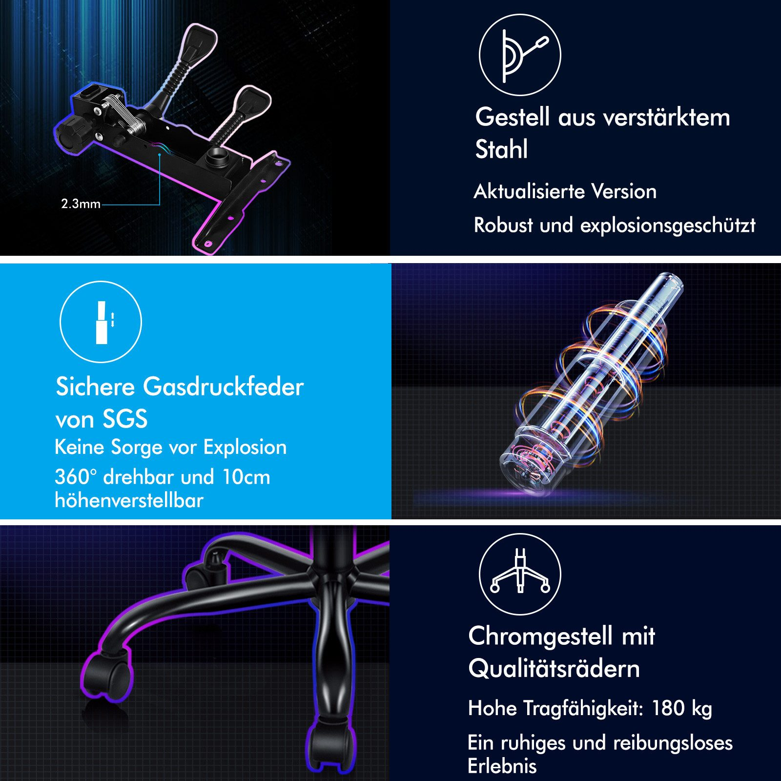 Stuhlkomponenten: Metallbasis, Gaslift und Stuhlbasis mit Rädern.