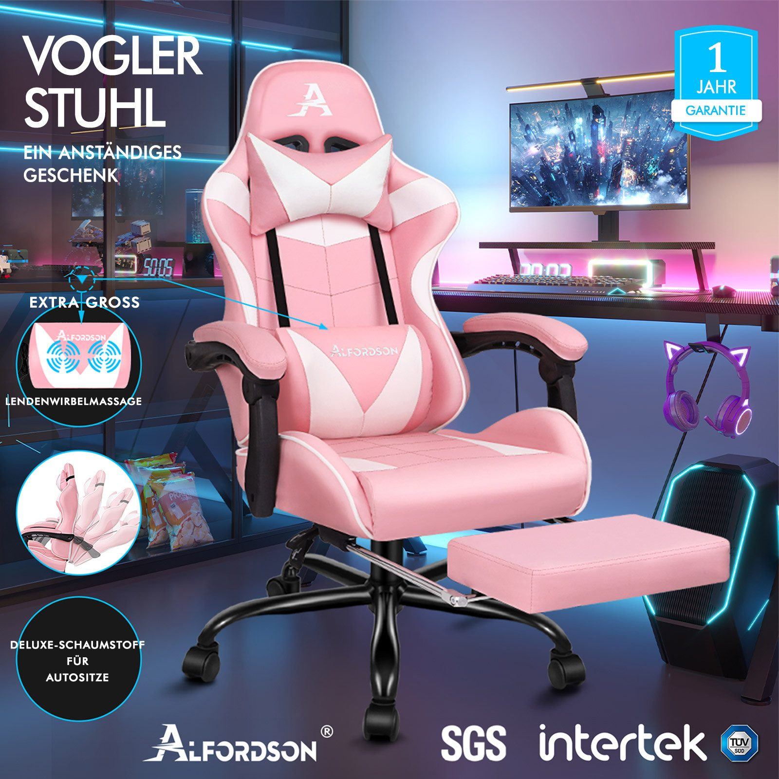 Ein pinker Gaming-Stuhl mit Fußstütze, Kissen und Garantie-Siegel.