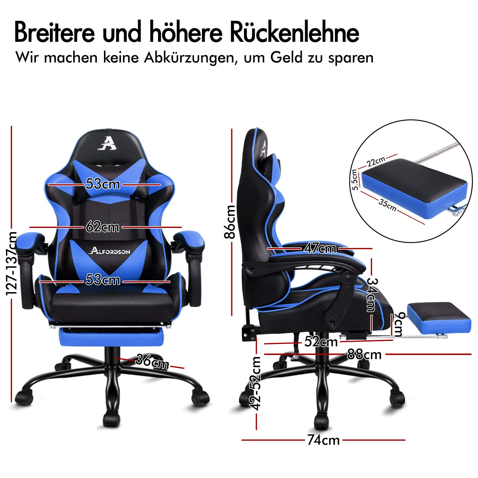 Blauer und schwarzer Gaming-Stuhl mit Maßen und verstellbarer Fußstütze.