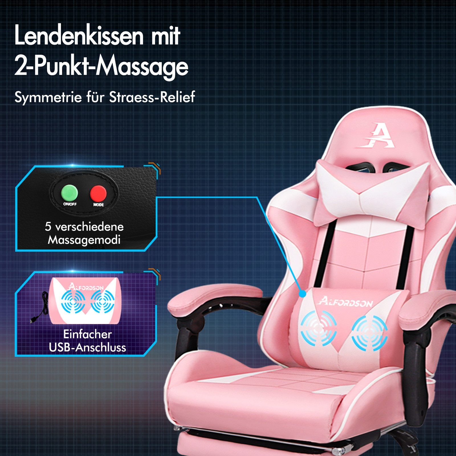 Ein rosa Gaming-Stuhl mit Lendenkissen für 2-Punkt-Massage und USB-Anschluss.