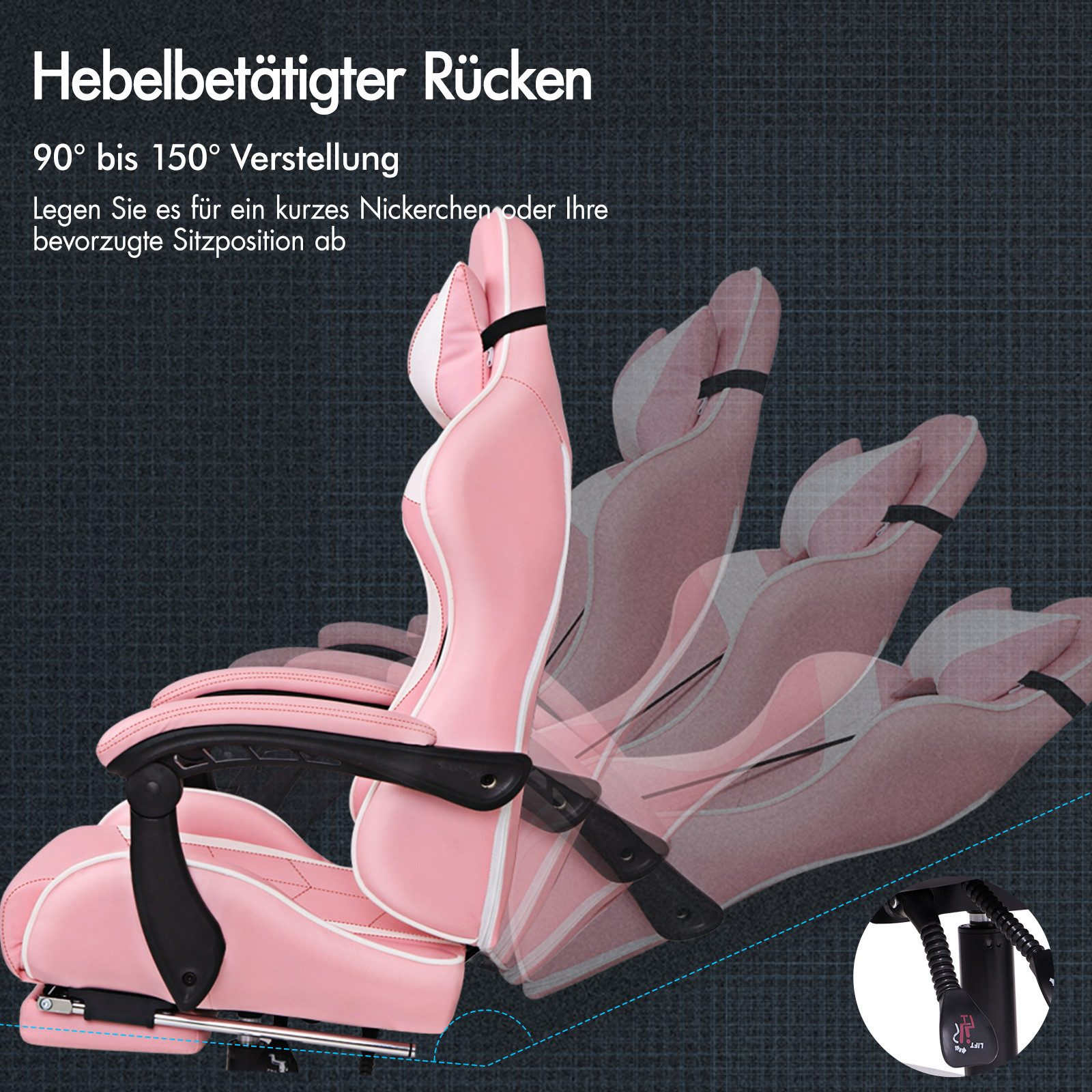 Pinker Gaming-Stuhl mit verstellbarer Rückenlehne, gezeigt in mehreren Positionen von 90 bis 150 Grad.