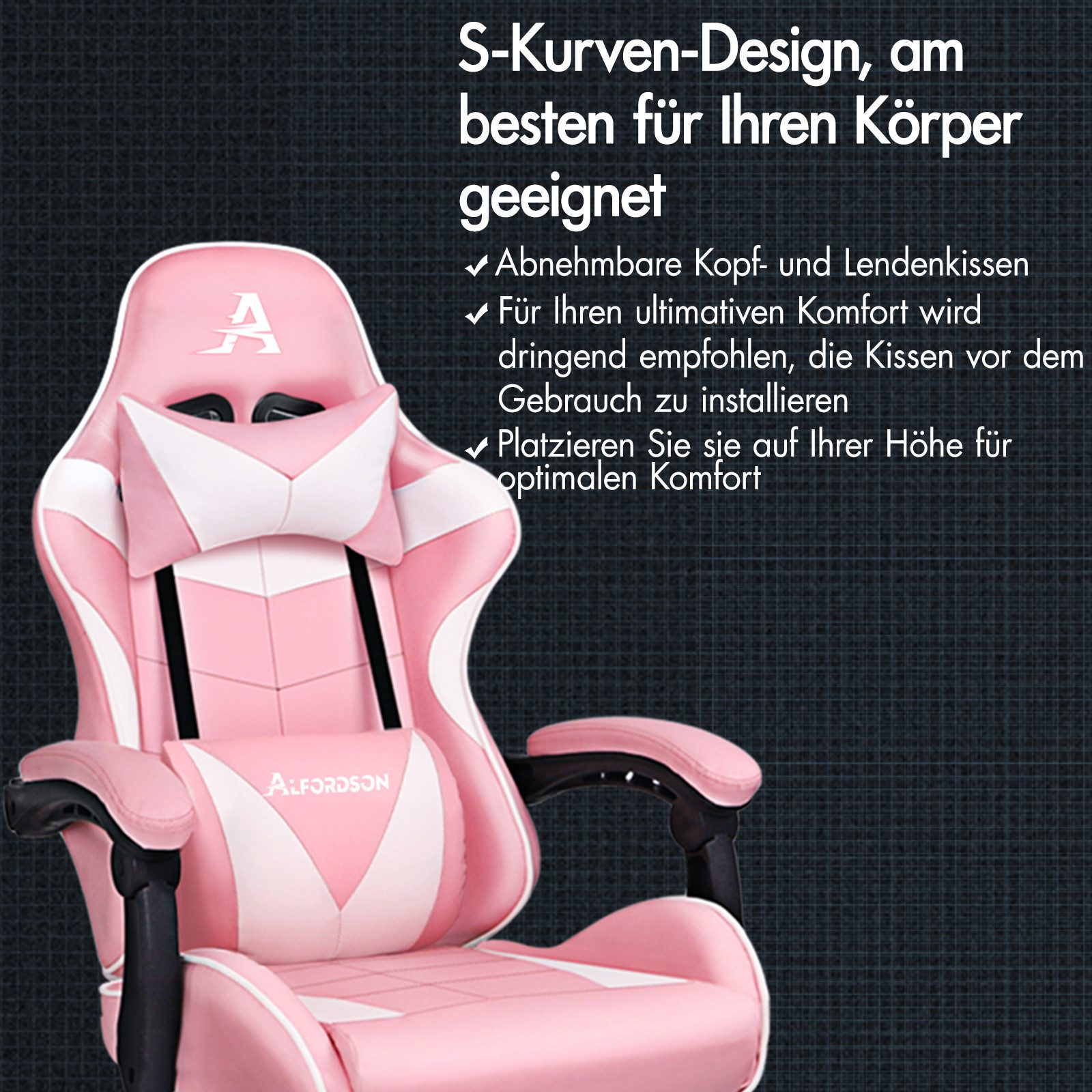 Ein pink-weißer Gaming-Stuhl mit S-Kurven-Design, verstellbaren Kissen und Alfordson-Logo.