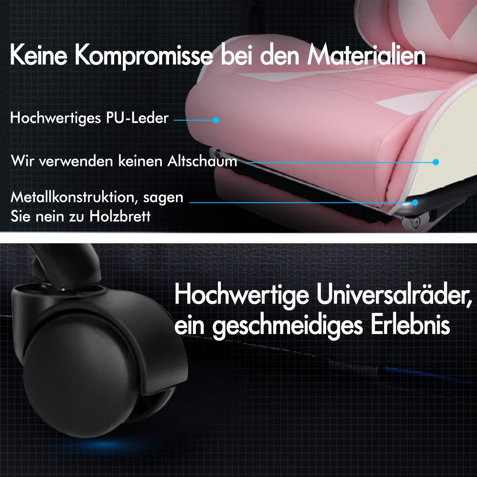 Hochwertiges PU-Leder, Metallgestell und Universalrollen für ein gutes Erlebnis.