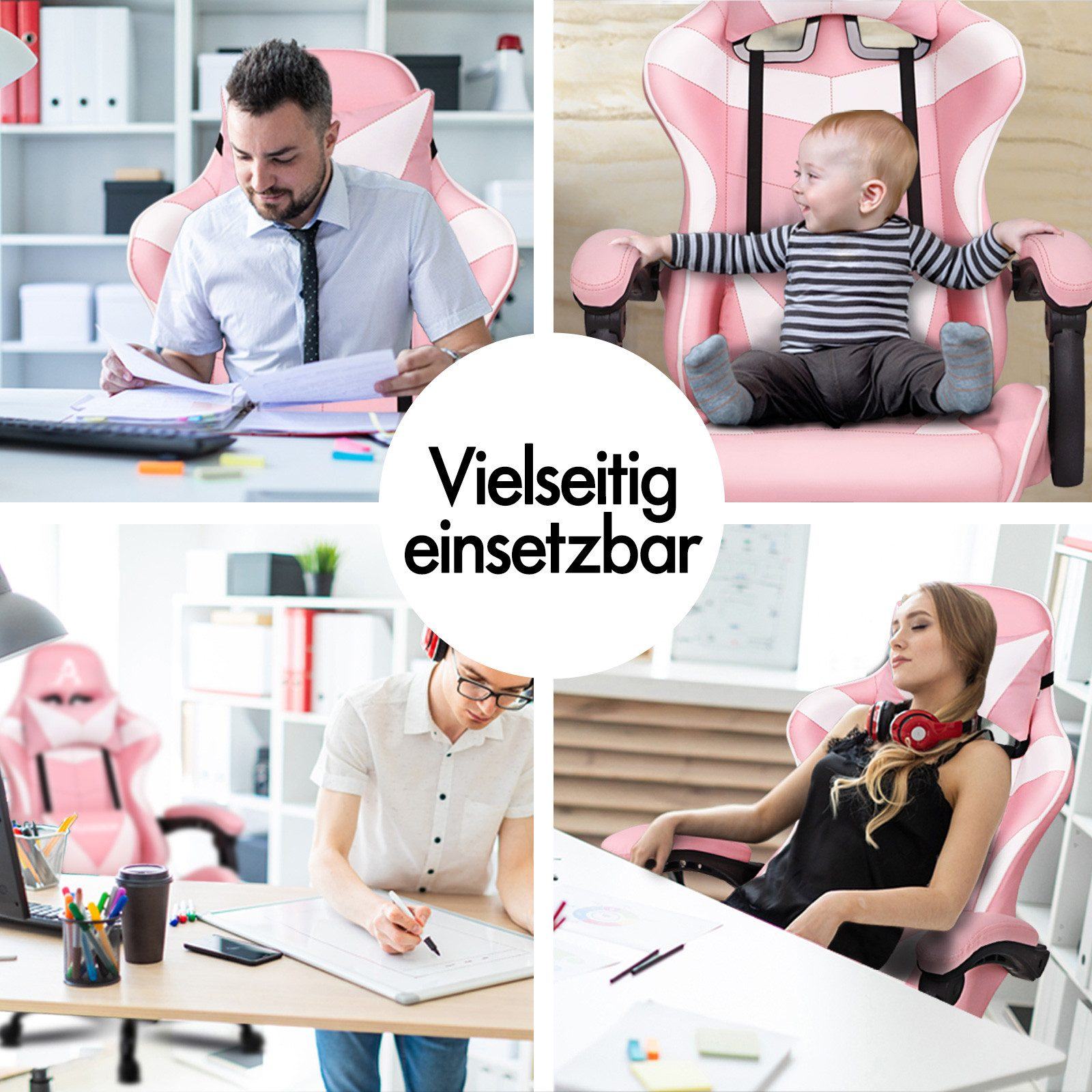 Vier Szenen zeigen Personen in einem rosa Gaming-Stuhl: Mann im Büro, Baby, Mann am Whiteboard, Frau mit Kopfhörern.