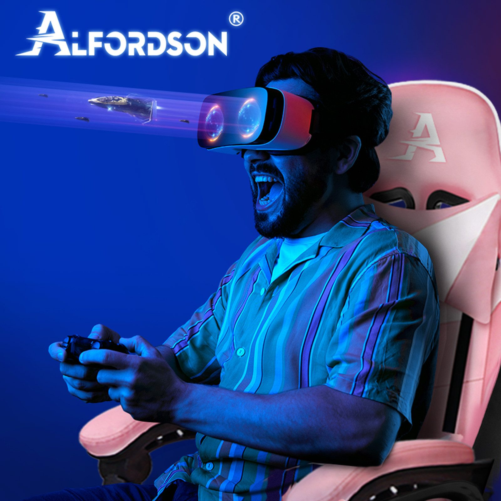 Mann spielt VR-Spiel mit Controller, sitzt in einem rosa Stuhl.
