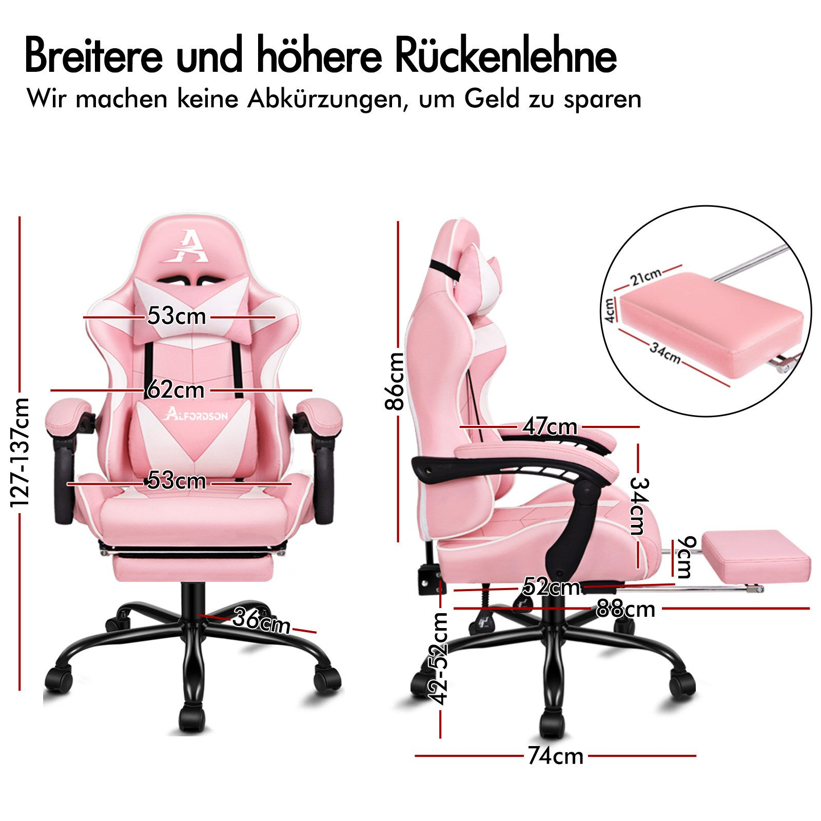 Pinker Gaming-Stuhl mit Maßen. Breite Rückenlehne, verstellbare Höhe und Fußstütze.