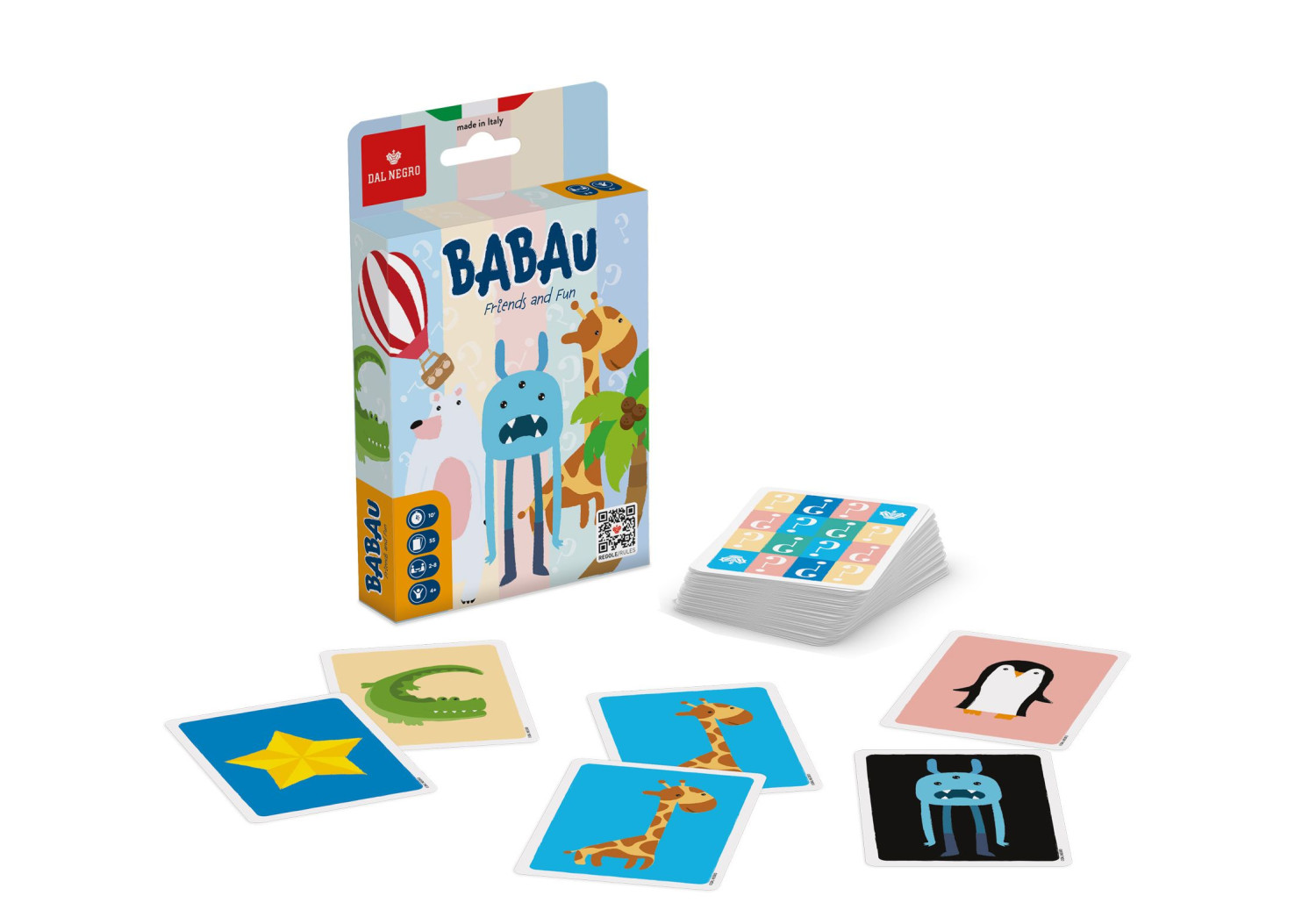 Babau-Kartenspiel-Box mit Tierkarten: Krokodil, Giraffe, Pinguin, Monster.