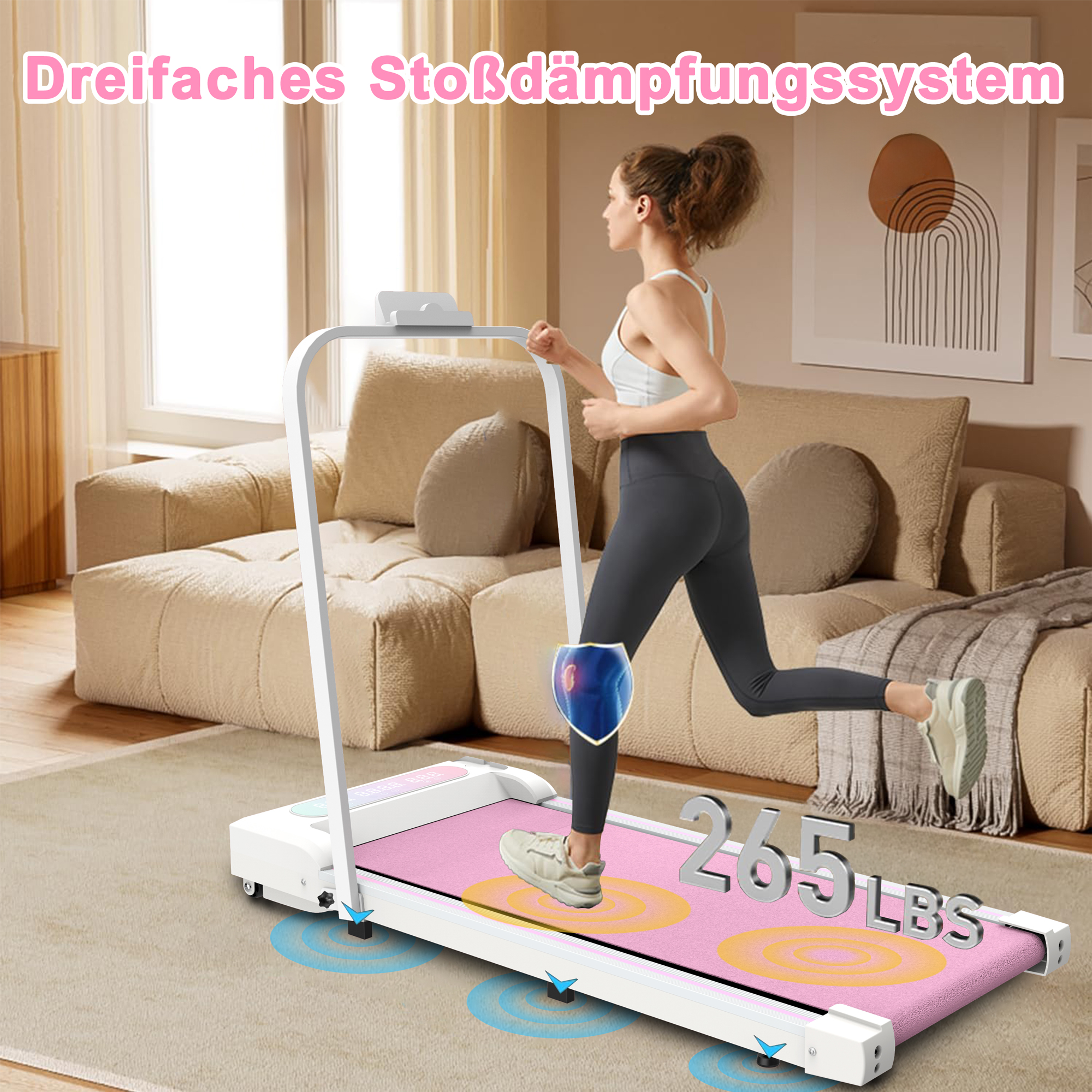 Eine Frau läuft auf einem Laufband mit rosa Lauffläche. Max. 265 lbs.
