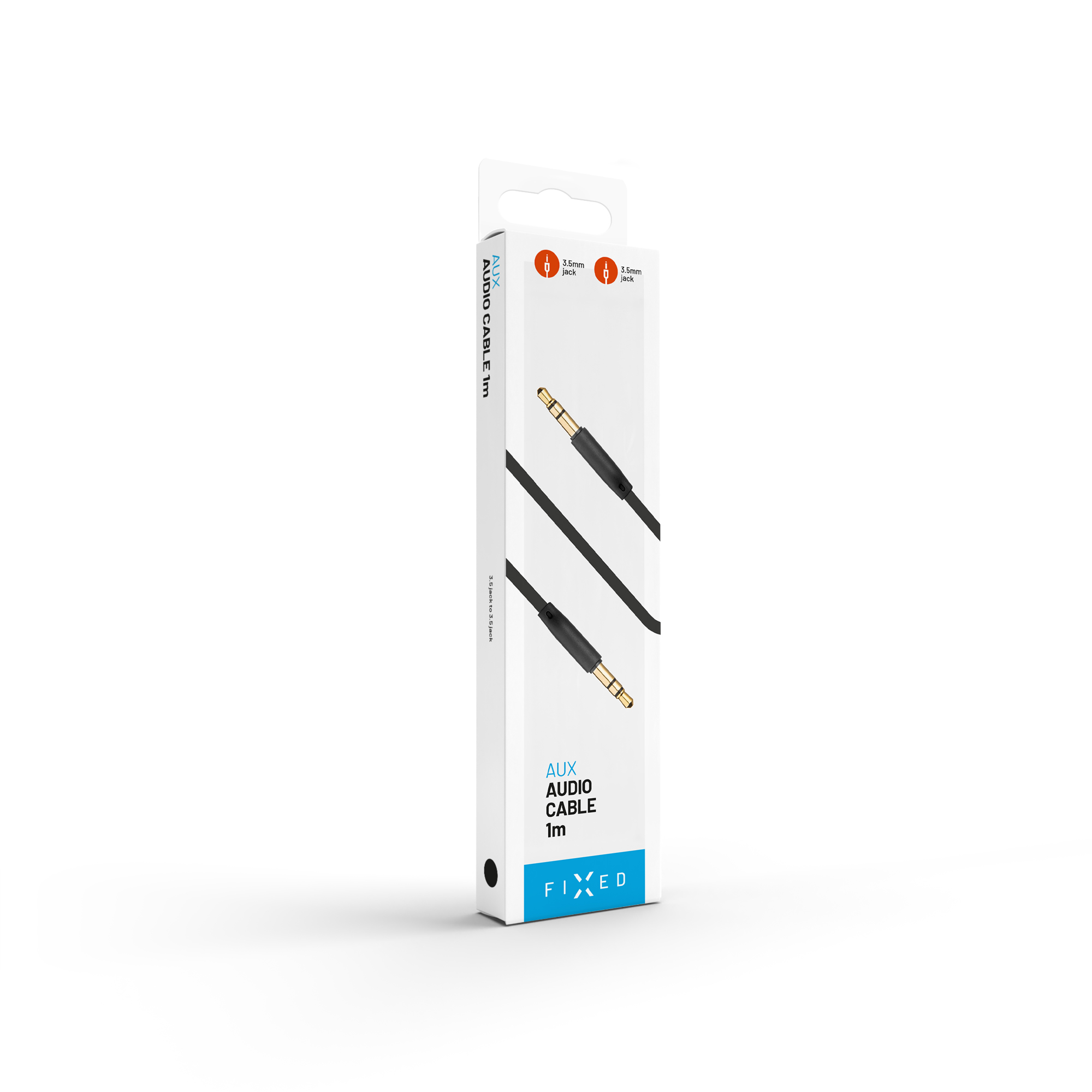 Verpackung eines 1m AUX-Audiokabels mit zwei 3,5mm Klinken.