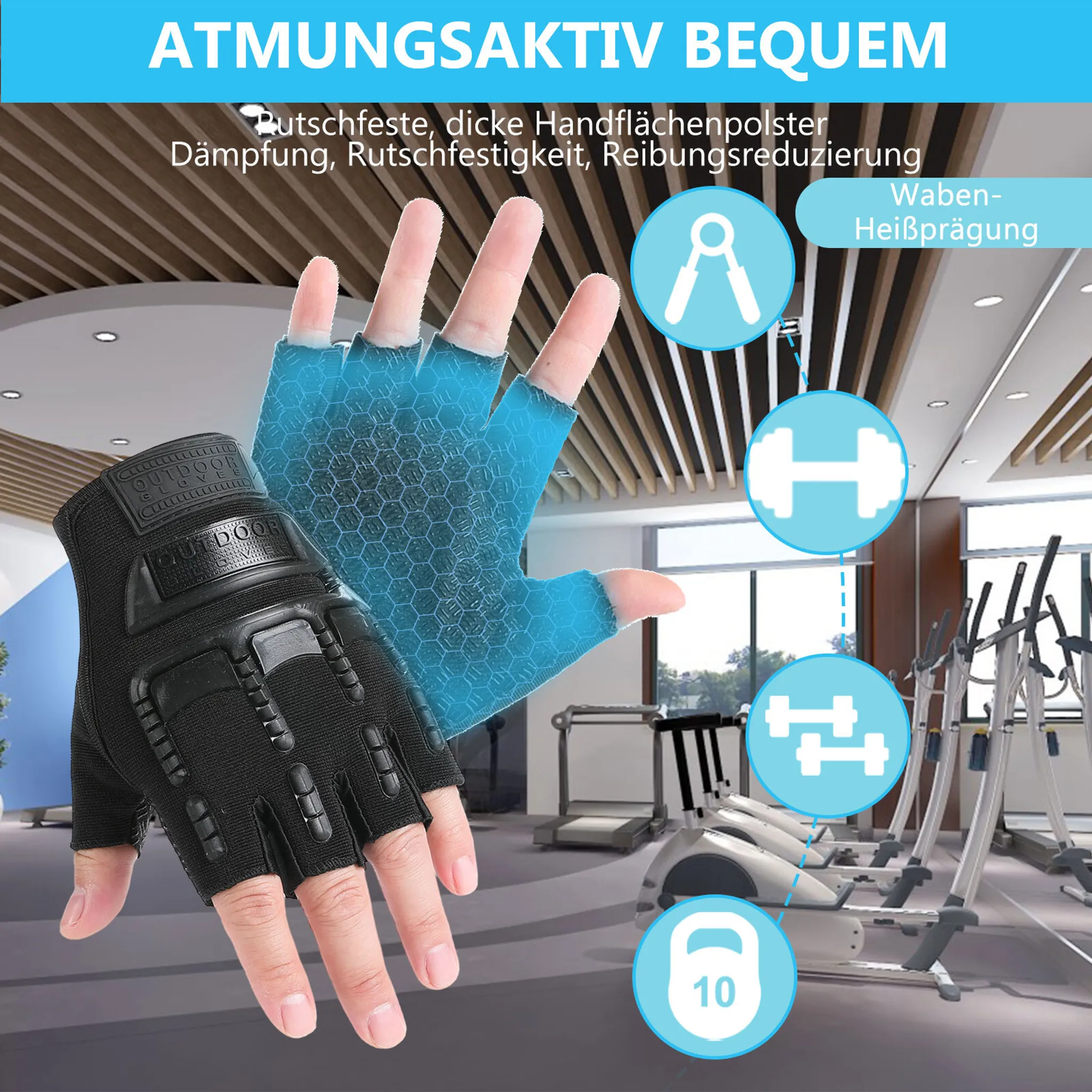 Schwarze, fingerlose Trainingshandschuhe mit Polsterung und Wabenmuster, im Fitnessstudio.