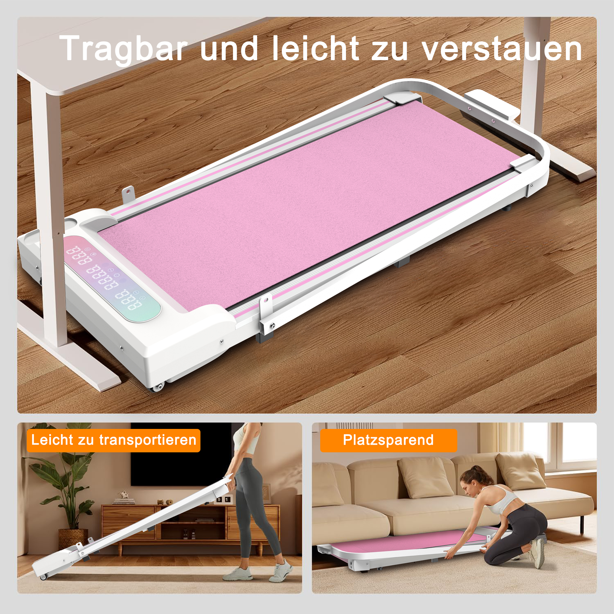 Ein pinkes Laufband wird in drei Konfigurationen gezeigt: entfaltet, beim Transport und verstaut.