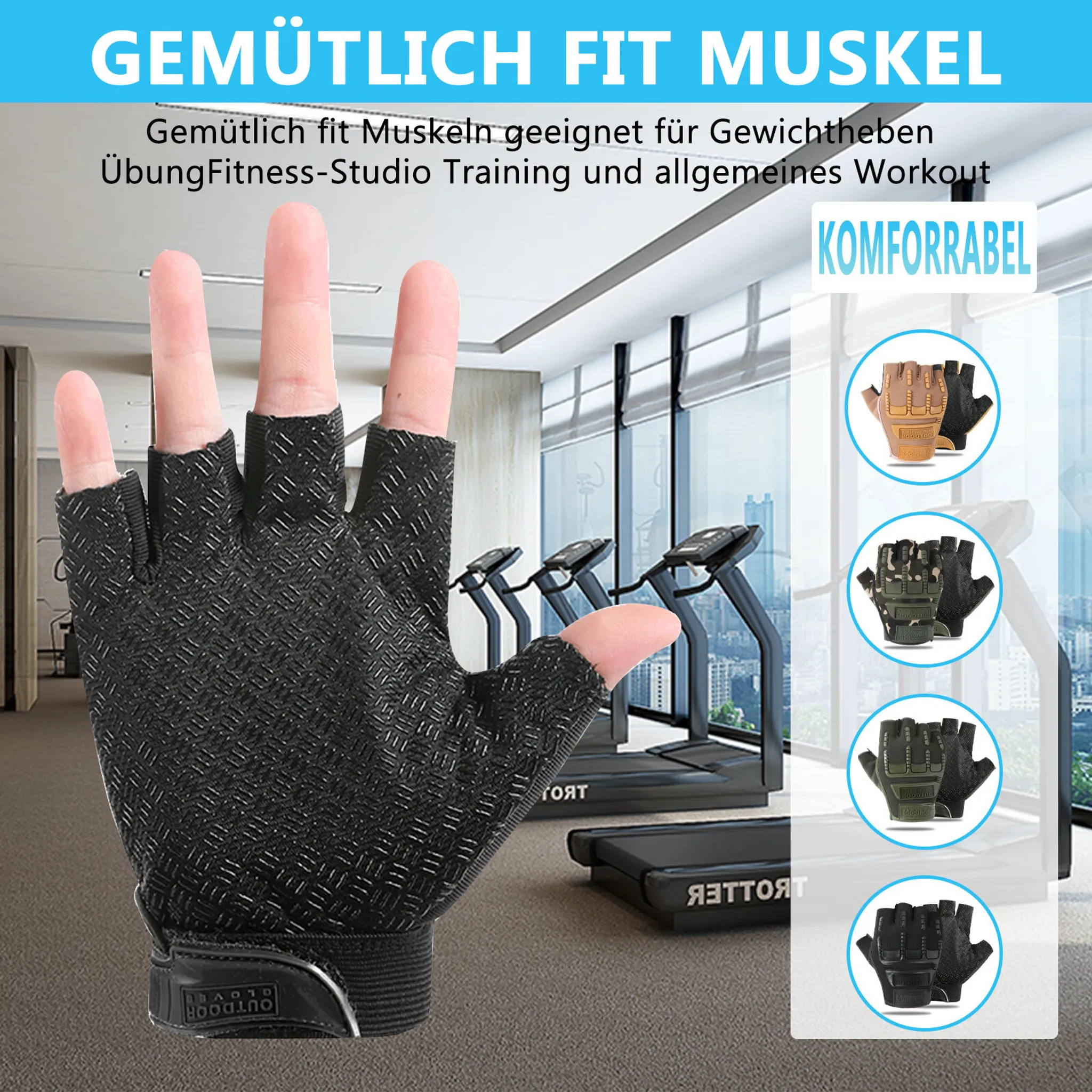 Eine schwarze Fitness-Handgelenkstütze mit offenem Design und Textur auf der Handfläche.