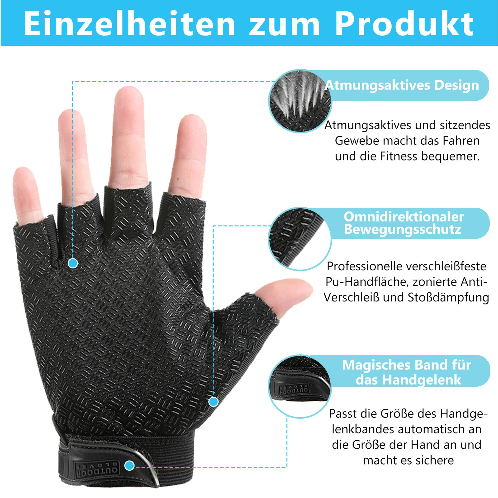 Schwarze Fingerhandschuhe mit stoßdämpfender Handfläche und Klettverschluss.
