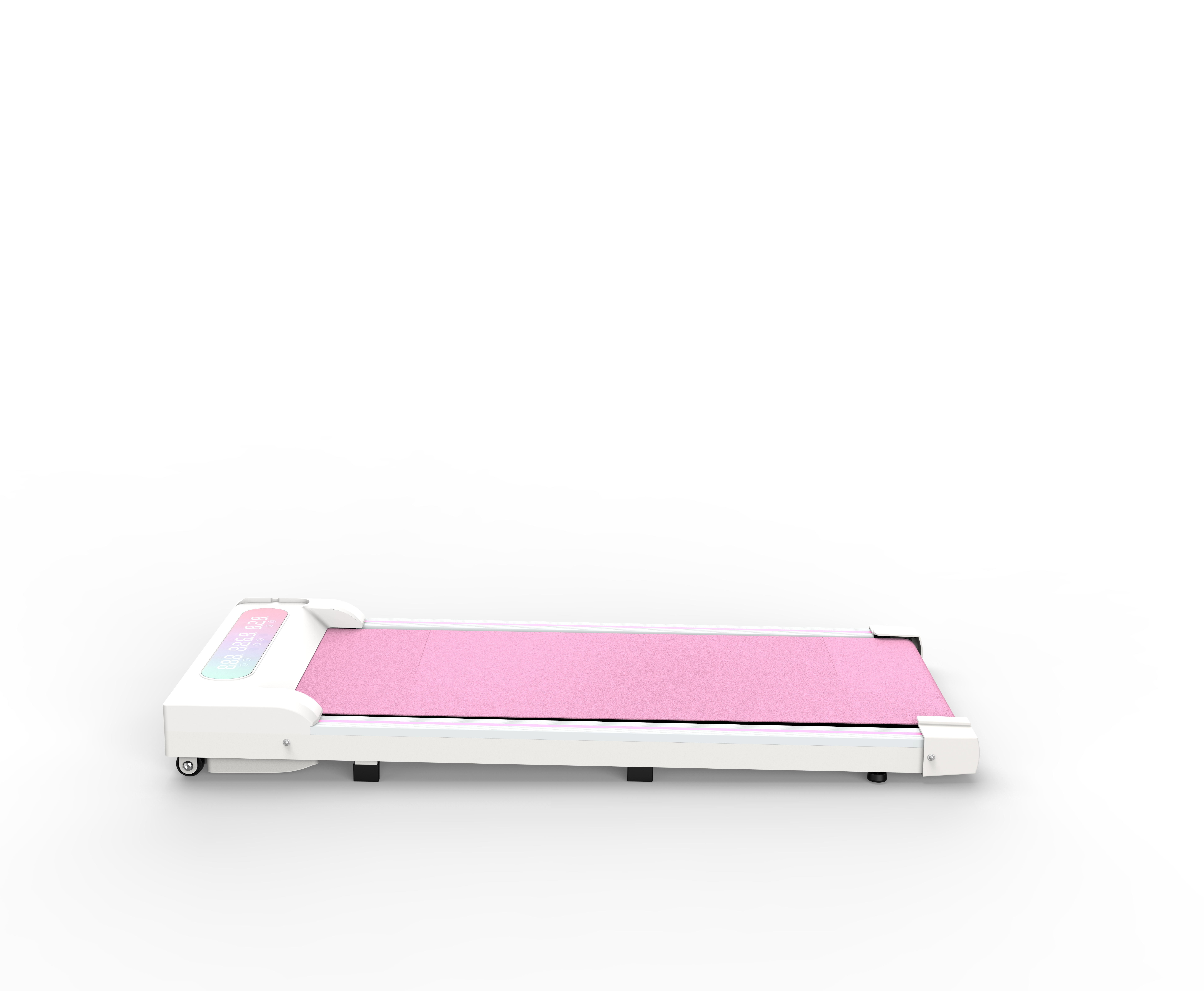 Ein weißes Laufband mit einem pinken Band und einem digitalen Display.
