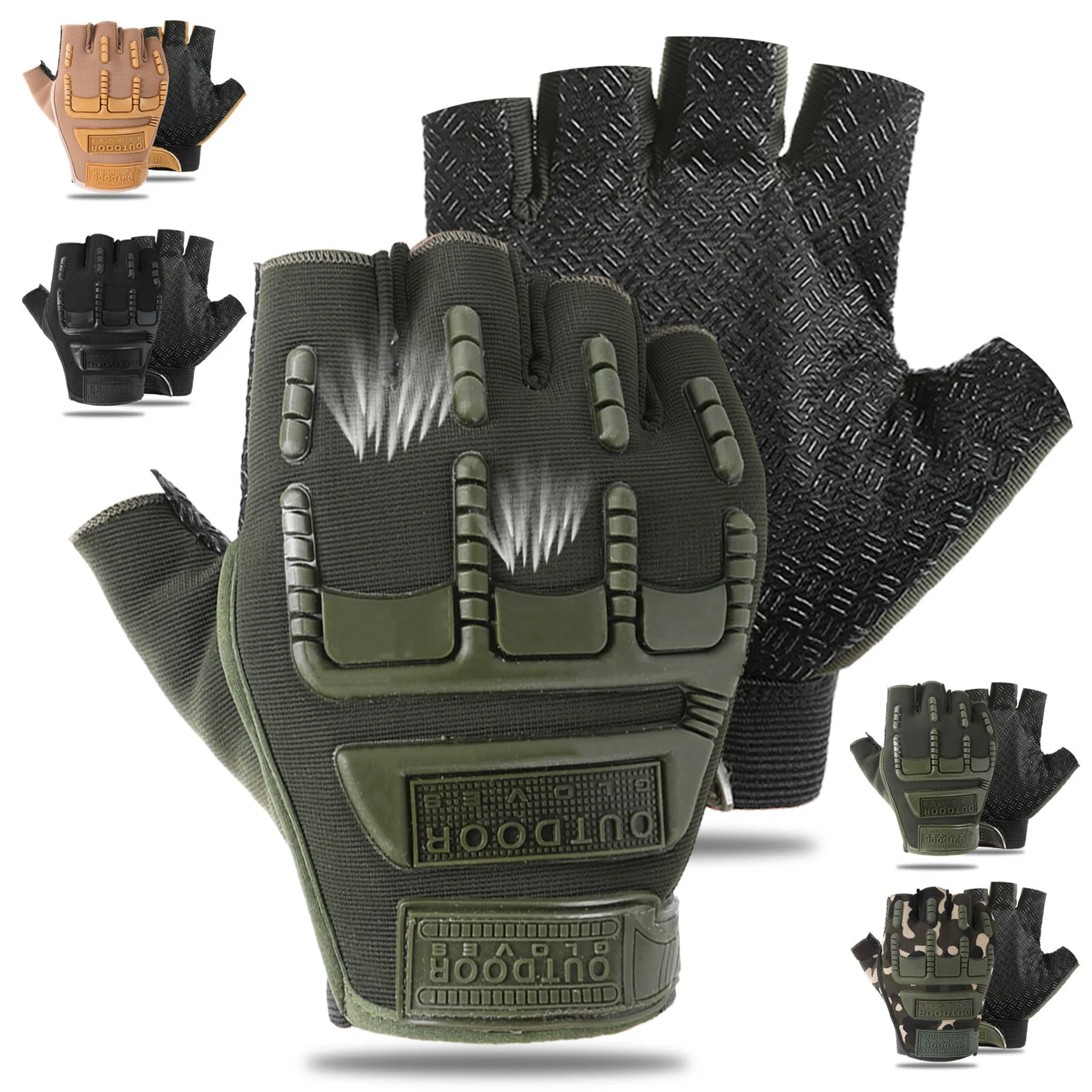 Fingerlose taktische Handschuhe in Grün-, Schwarz- und Tarnmustern.