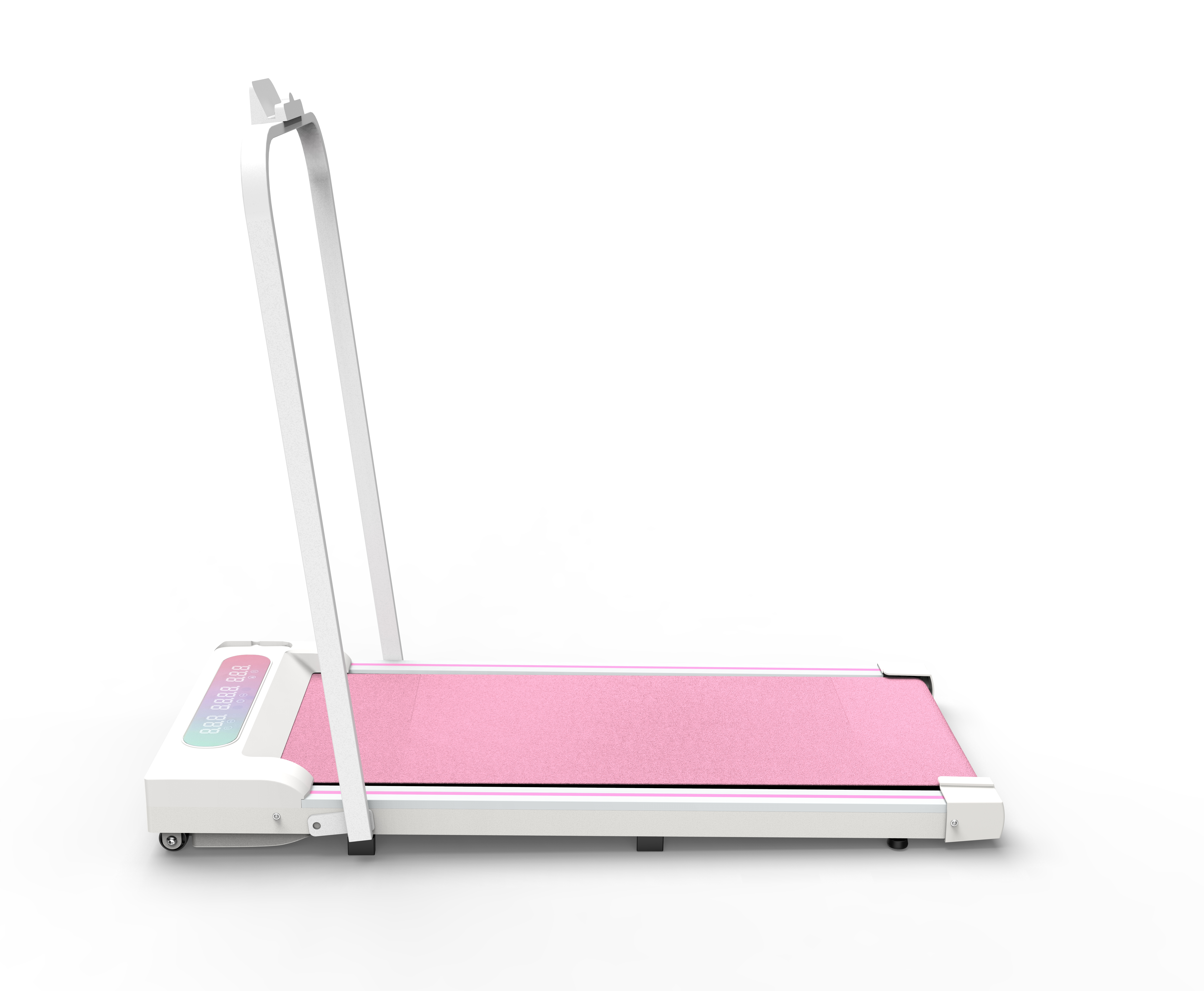 Ein schlichtes, weißes Laufband mit einer rosafarbenen Lauffläche und einem digitalen Display.