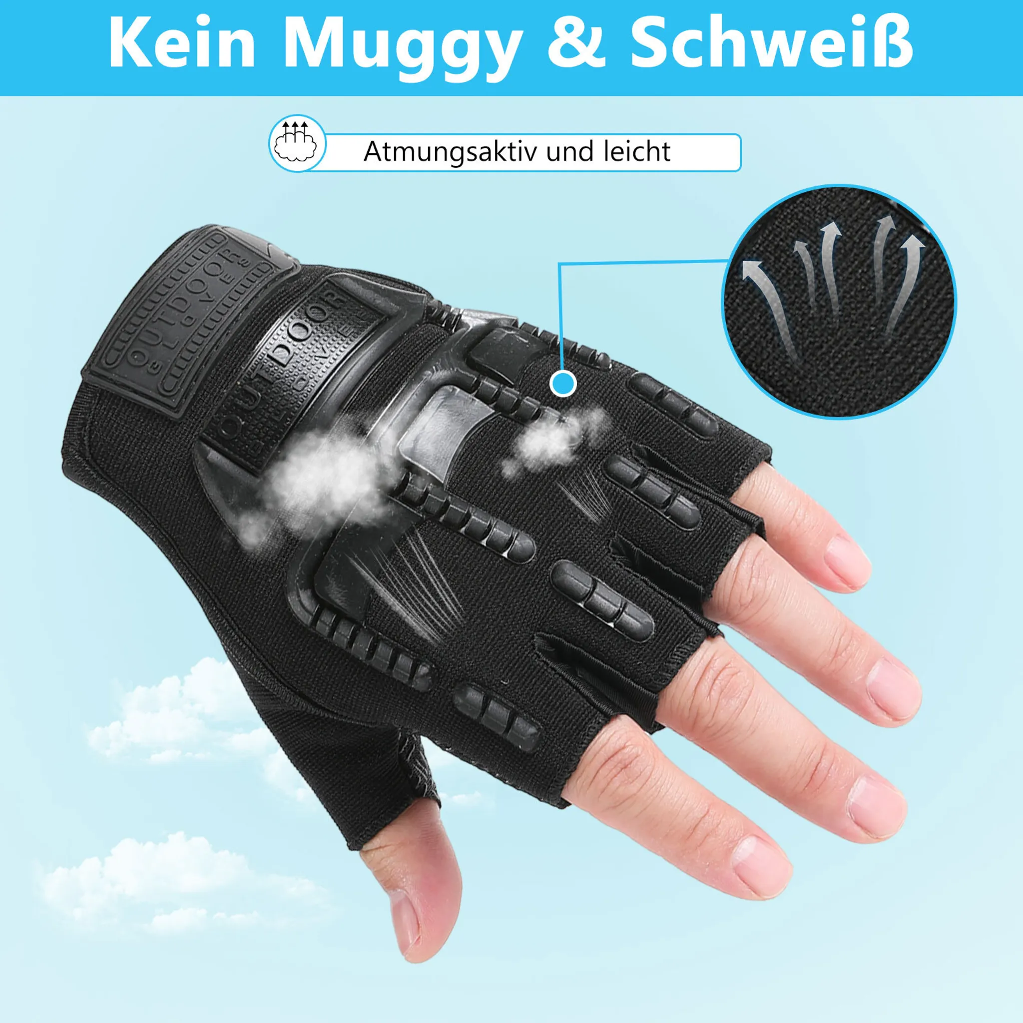 Eine schwarze, fingerlose Outdoor-Handschuh mit Belüftungsschlitzen, der an einer Hand getragen wird.