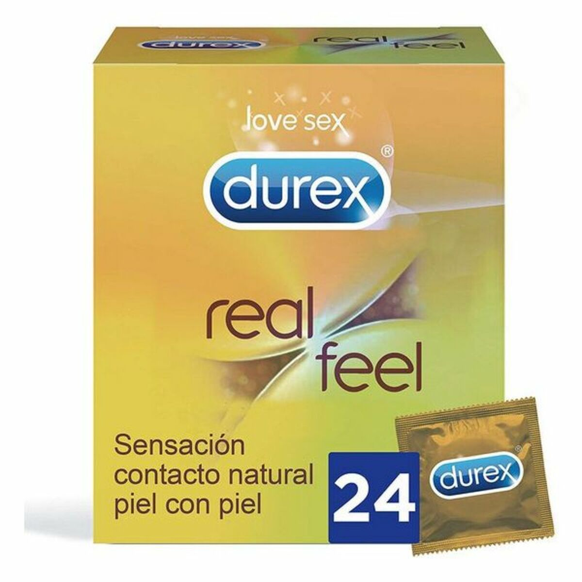 Packung Durex Real Feel Kondome, 24er Packung, mit Einzelverpackungen.