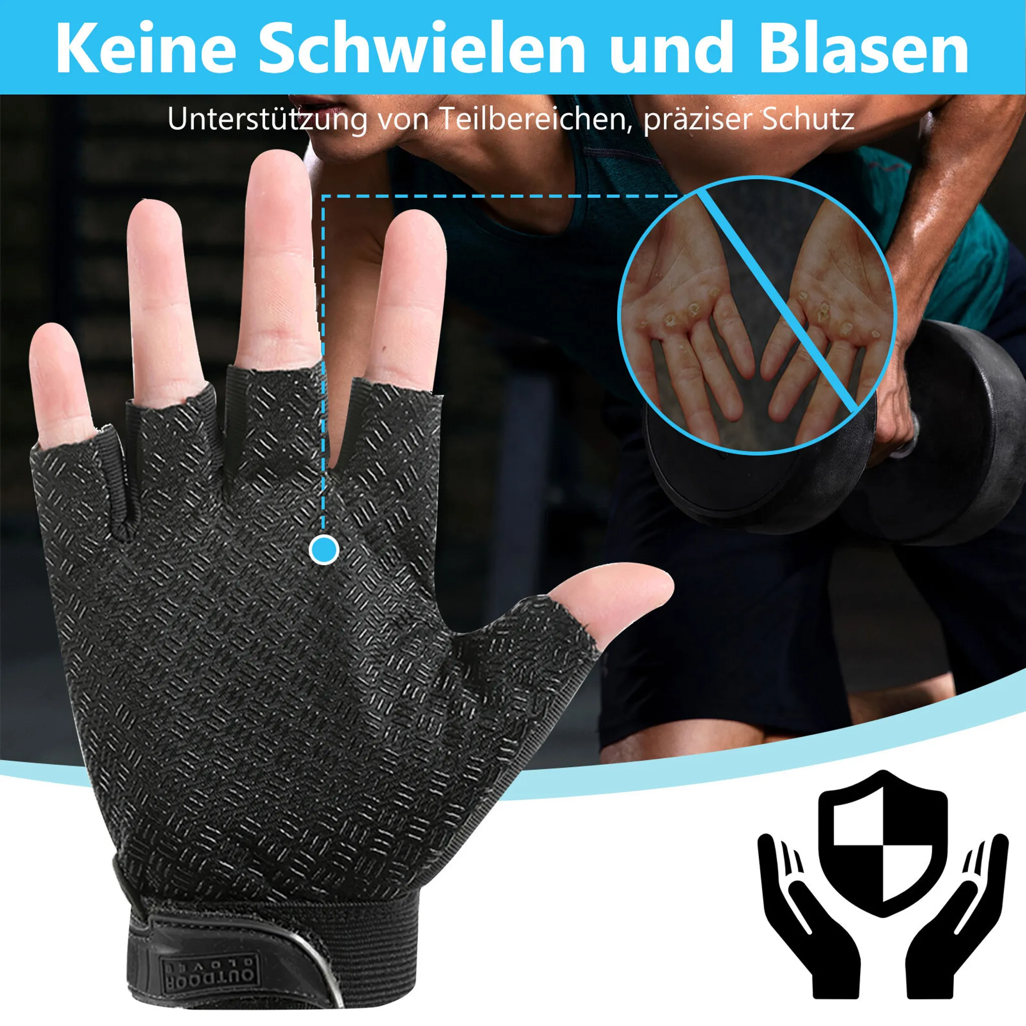 Schwarze Fitness-Handschuhe mit Muster. Ein Kleiner Kreis zeigt eine Hand mit Hornhaut.