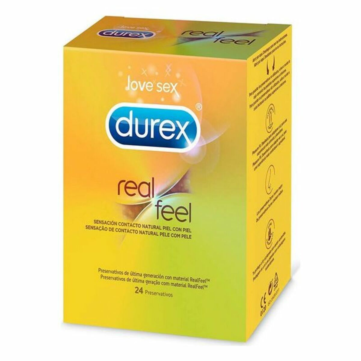 Eine gelbe Packung Durex Kondome mit der Aufschrift 'real feel'.