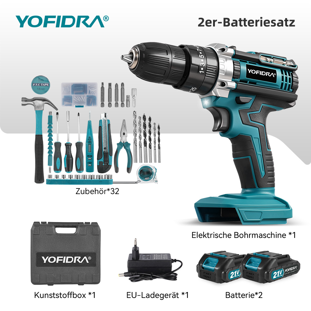 Ein Akkuschrauber-Set mit Werkzeugen, zwei Batterien, Ladegerät und Koffer.