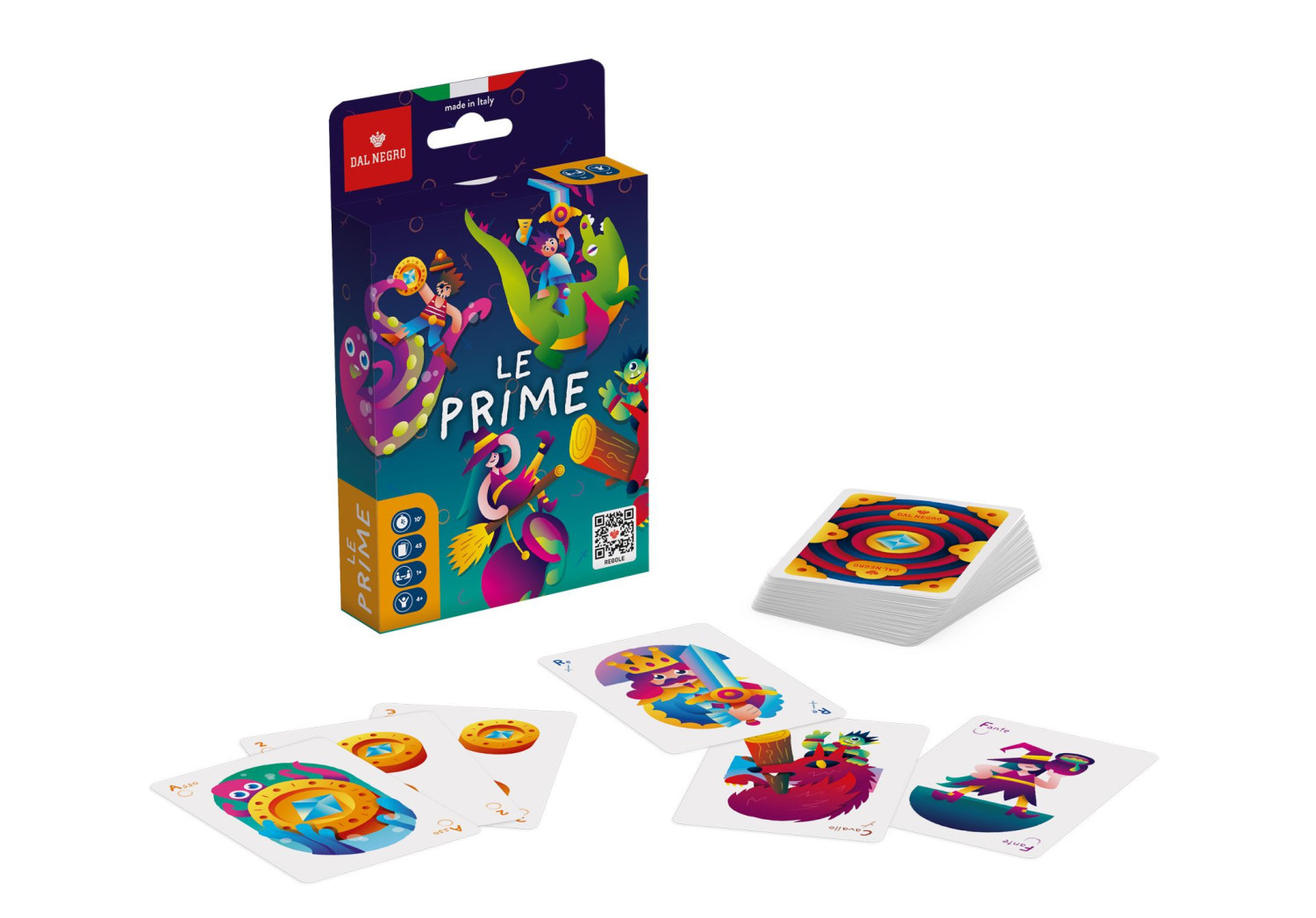 Scatola del gioco di carte "Le Prime" Dal Negro e carte sparse su superficie bianca.