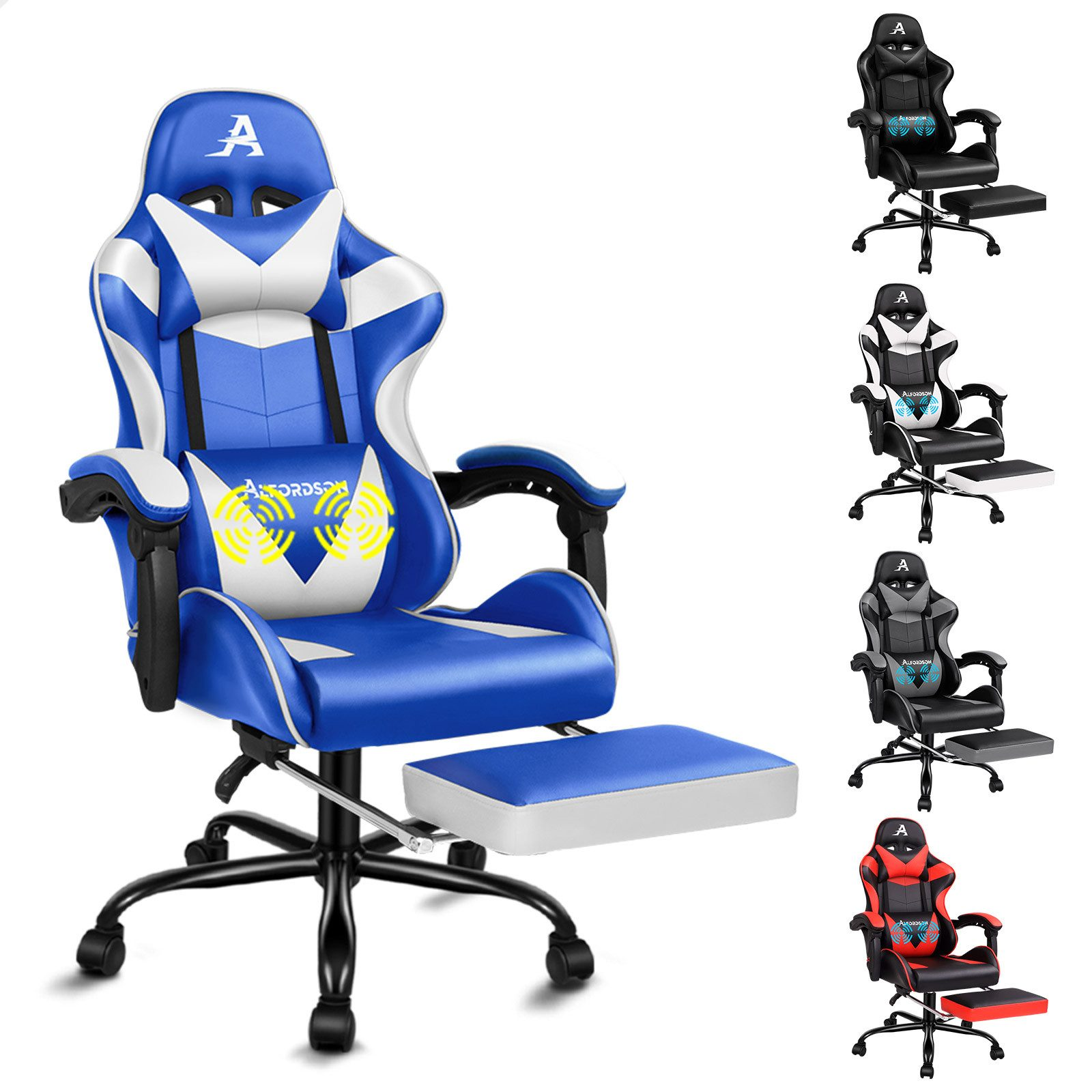 Gaming-Stuhl in Blau und Weiß mit Fußstütze. Andere Stühle in Schwarz, Grau und Rot gezeigt.