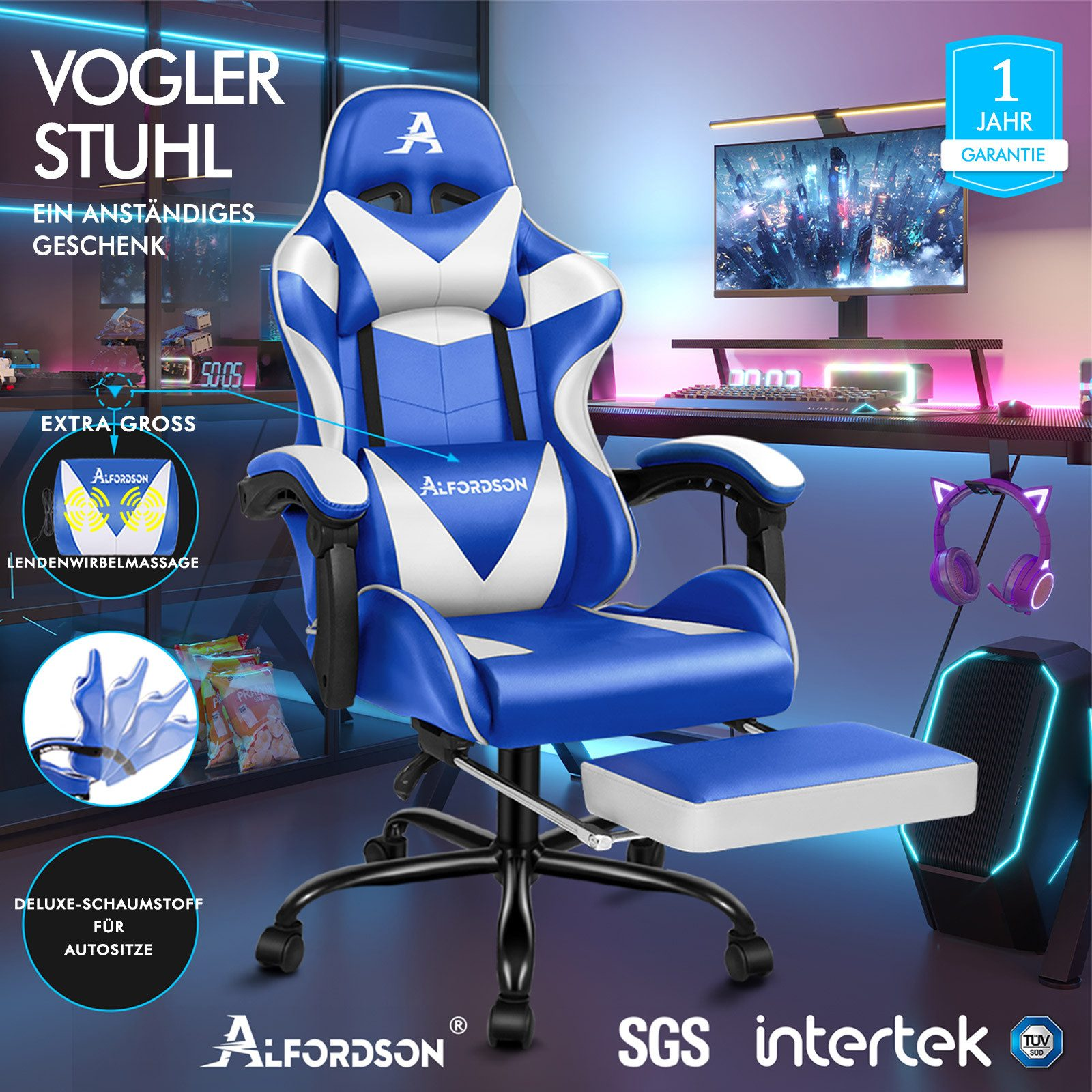 Ein blauer und weißer Gaming-Stuhl mit ausziehbarem Fußbrett und Lendenwirbelmassage.