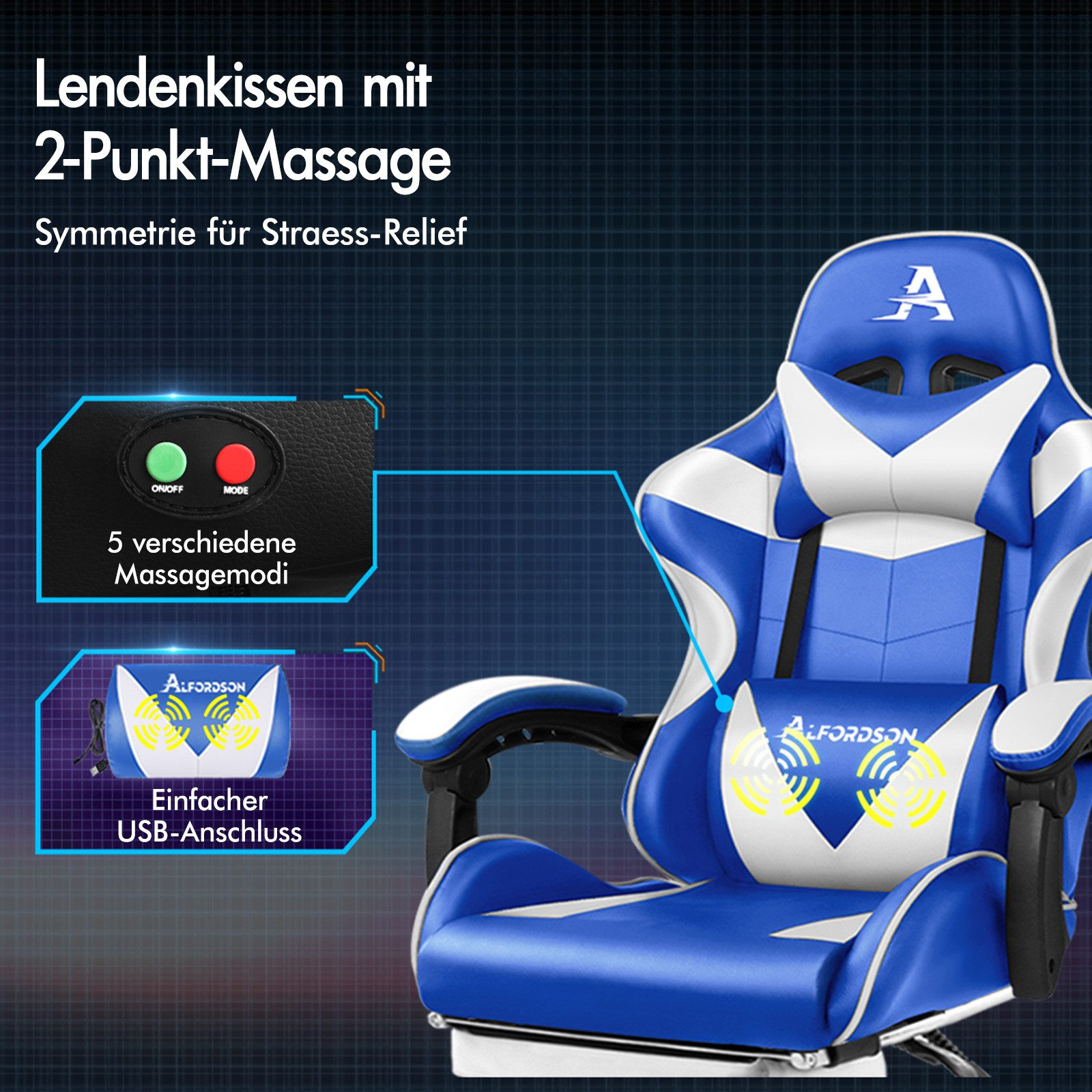 Blauer und weißer Gaming-Stuhl mit Lendenkissen mit 2-Punkt-Massage.