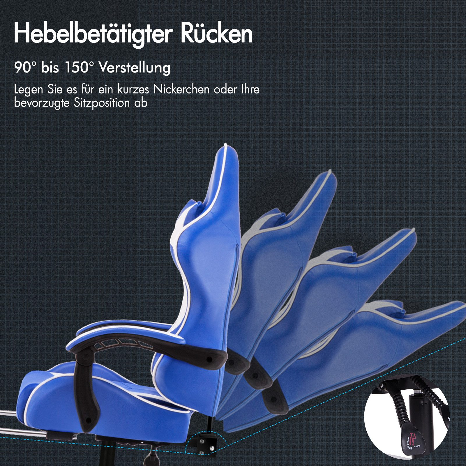 Blauer Bürostuhl mit verstellbarer Rückenlehne von 90° bis 150°.