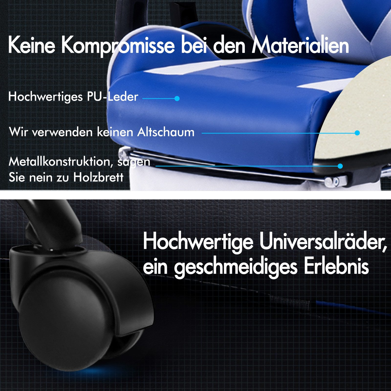 Gaming-Stuhl Details: PU-Leder, kein alter Schaum, Metallrahmen und Räder.